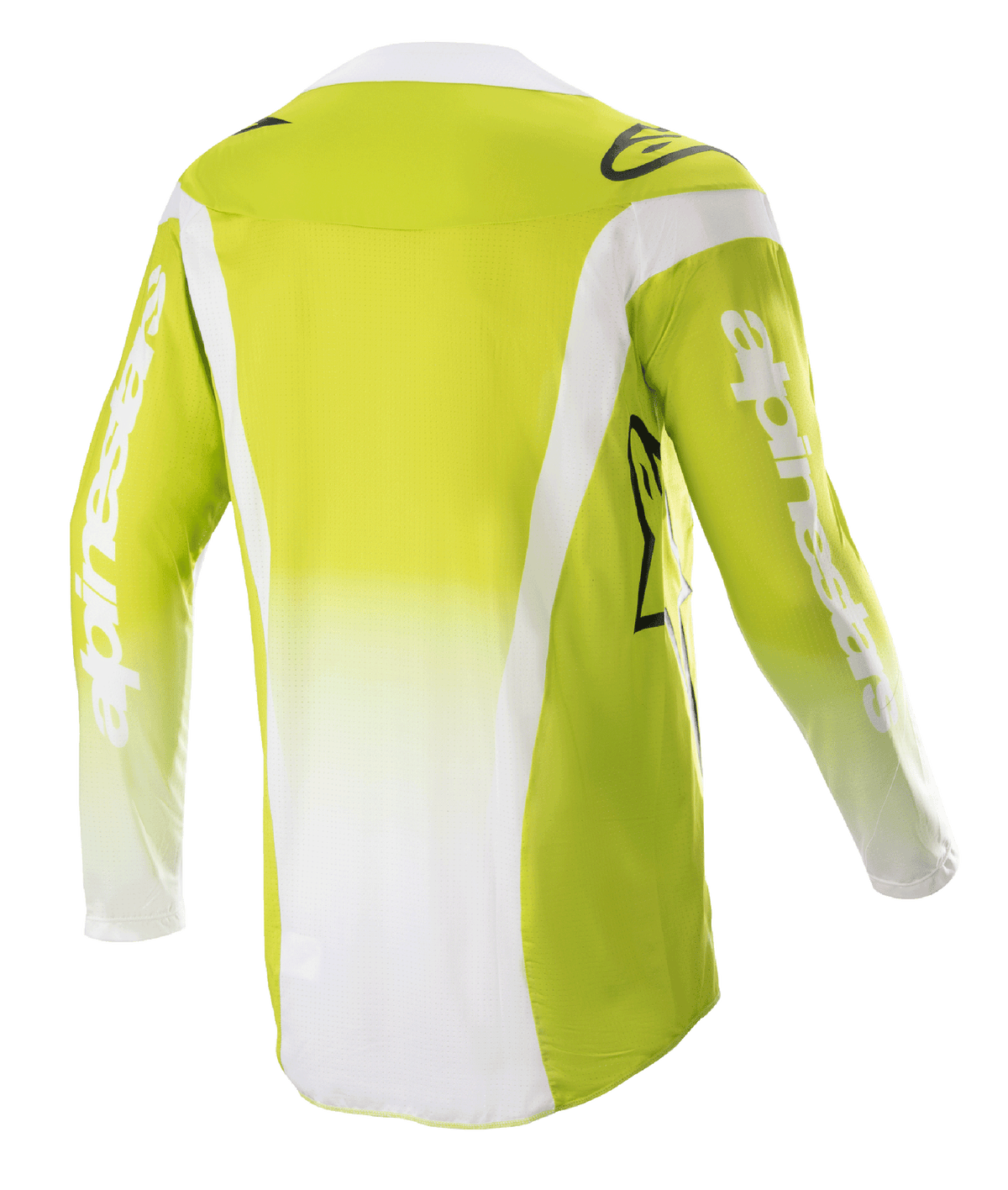 Alpinestars 2023 Techstar Push trøje, set bagfra, gul fluo og hvid, langærmet motocross-trøje med hvide sidepaneler og branding på ærmerne, teknisk off-road udstyr