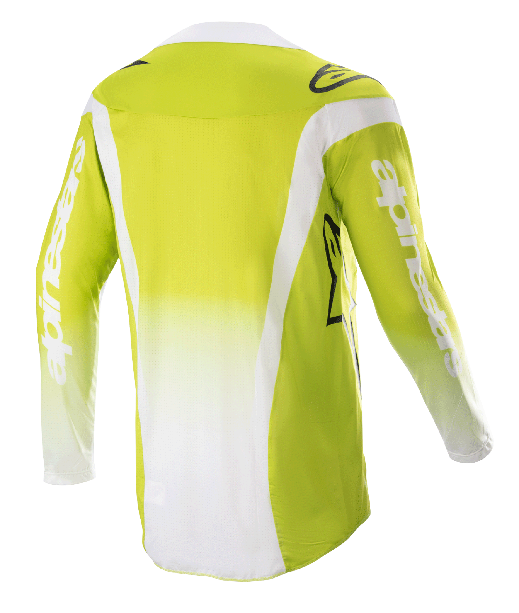 Alpinestars 2023 Techstar Push trøje, set bagfra, gul fluo og hvid, langærmet motocross-trøje med hvide sidepaneler og branding på ærmerne, teknisk off-road udstyr