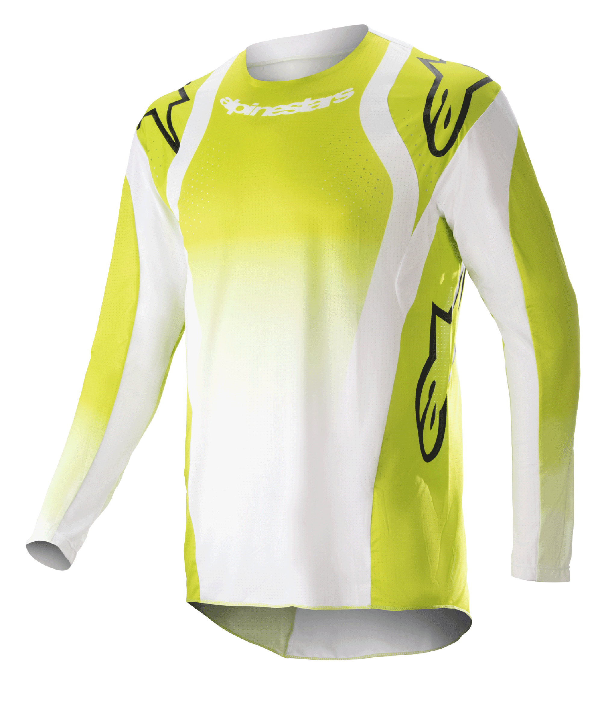 Alpinestars 2023 Techstar Push Jersey, langærmet motocross-trøje, gul fluo og hvid, med store sorte Astars-logoer på skuldre og ærmer, perforeret performance-stof, rund halsudskæring og forlænget rygstykke til off-road racing