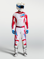 Alpinestars Racer Hunt Bukser, hvide og røde motocrossbukser med blå detaljer og en forbuet ergonomisk pasform.