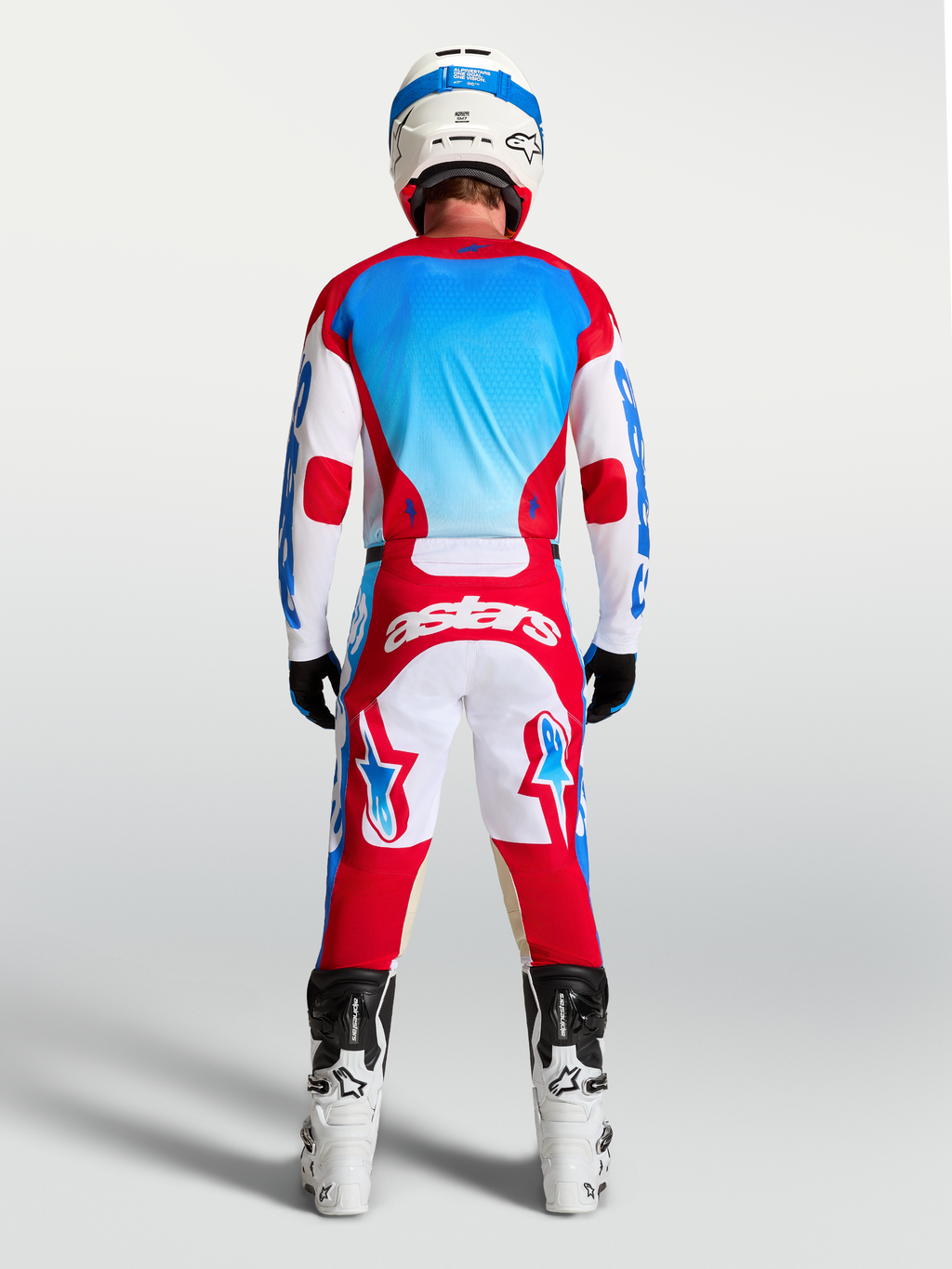 Alpinestars Racer Hunt trøje, herre-motocrosstrøje i rød, hvid og blå, fugttransporterende poly-stof, vist bagfra