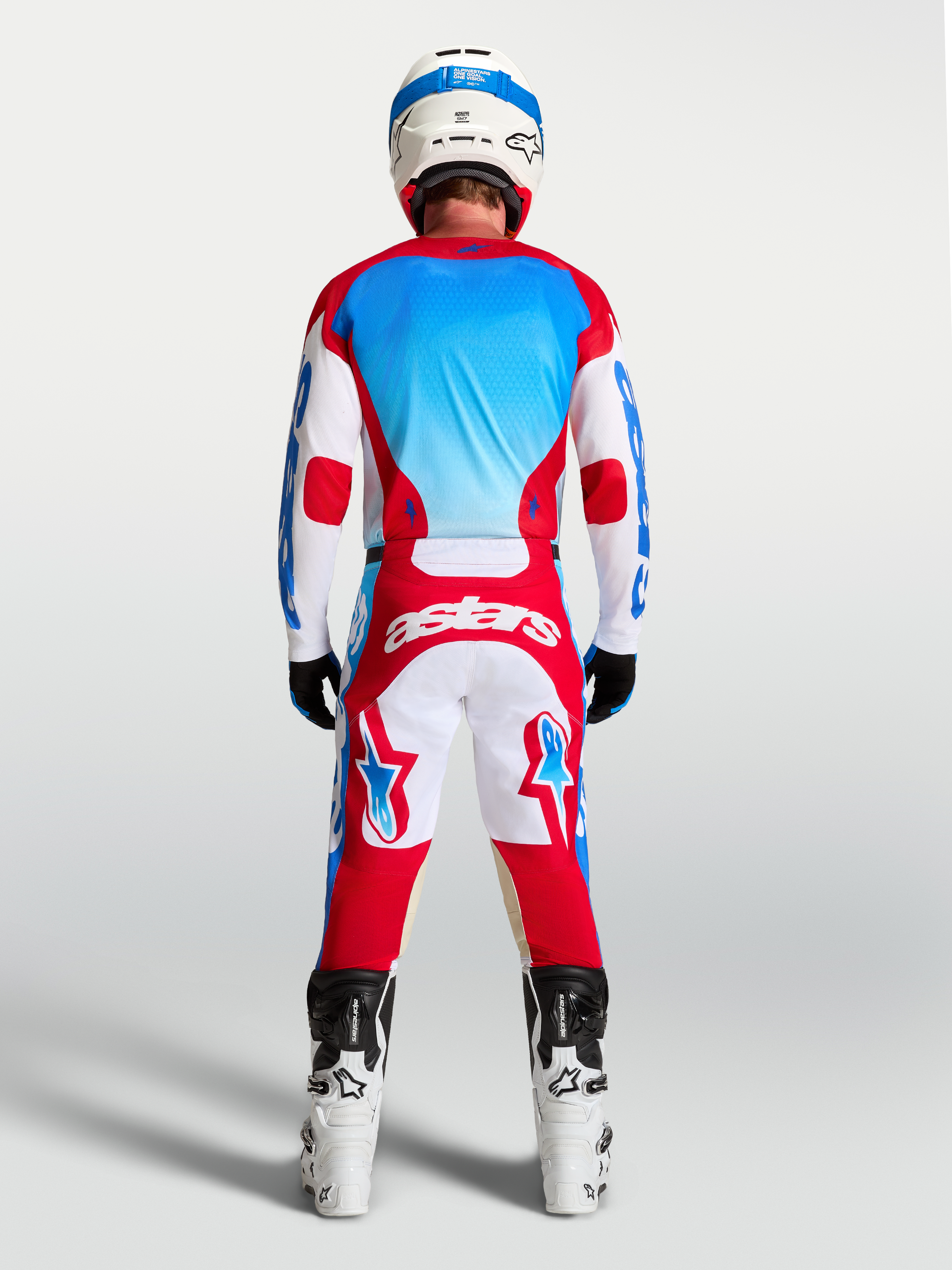 Alpinestars Racer Hunt trøje, herre-motocrosstrøje i rød, hvid og blå, fugttransporterende poly-stof, vist bagfra