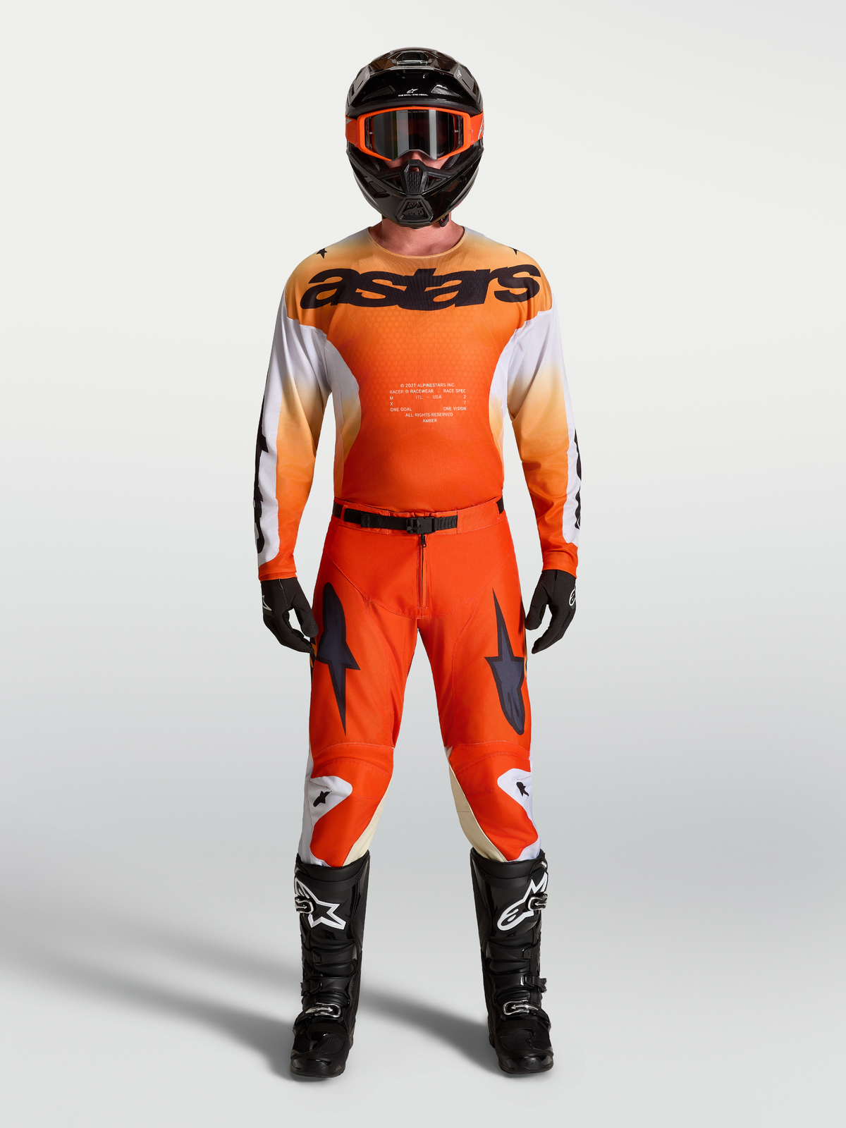 Alpinestars Racer Amber trøje og Racer Amber Gear Set, herre-motocross-sæt, orange og hvid, åndbar race-pasform.