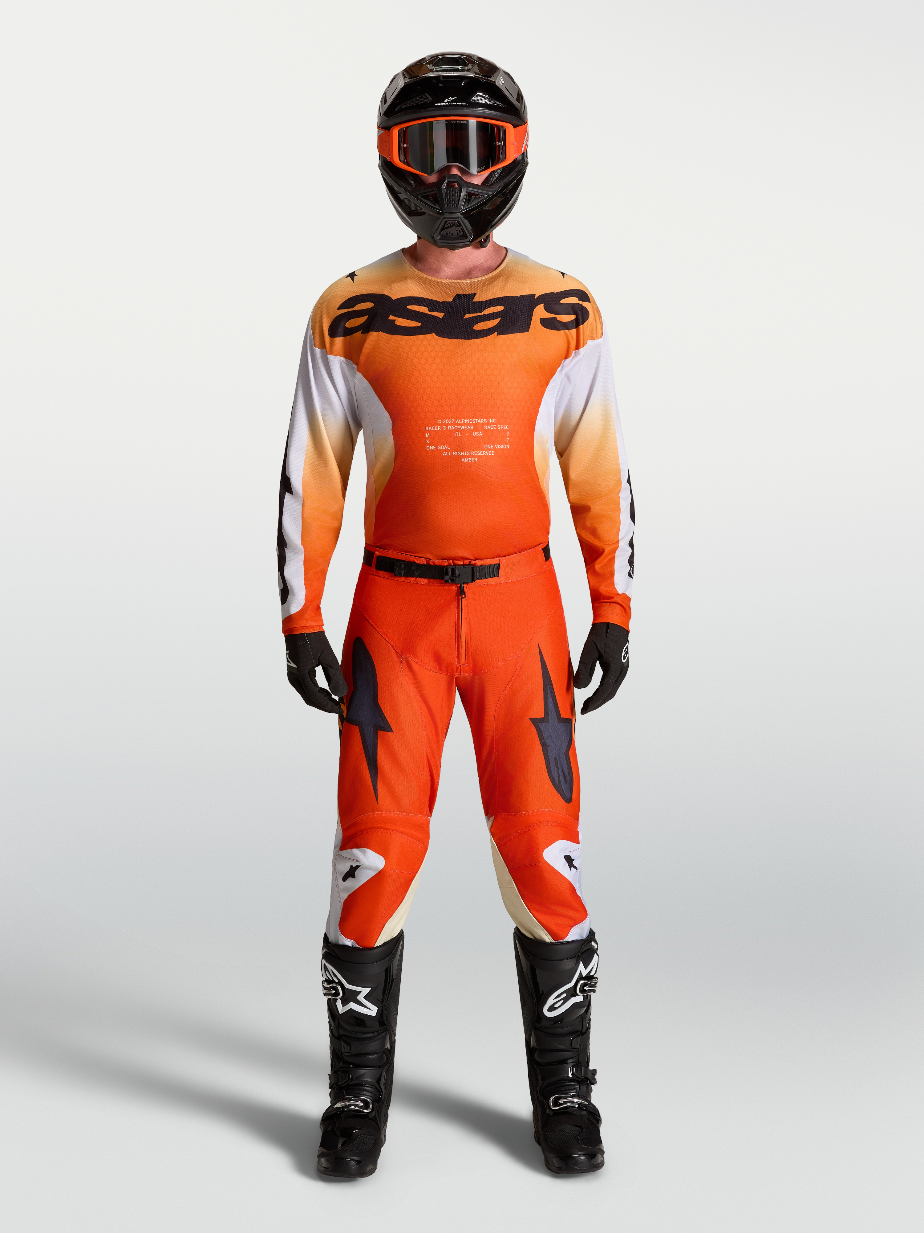 Alpinestars Racer Amber trøje og Racer Amber Gear Set, herre-motocross-sæt, orange og hvid, åndbar race-pasform.