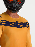 Alpinestars Racer Amber trøje, orange og mørkeblå motocrosstrøje med fugttransporterende poly-stof og brystlogo, tæt pasform til off-road kørsel