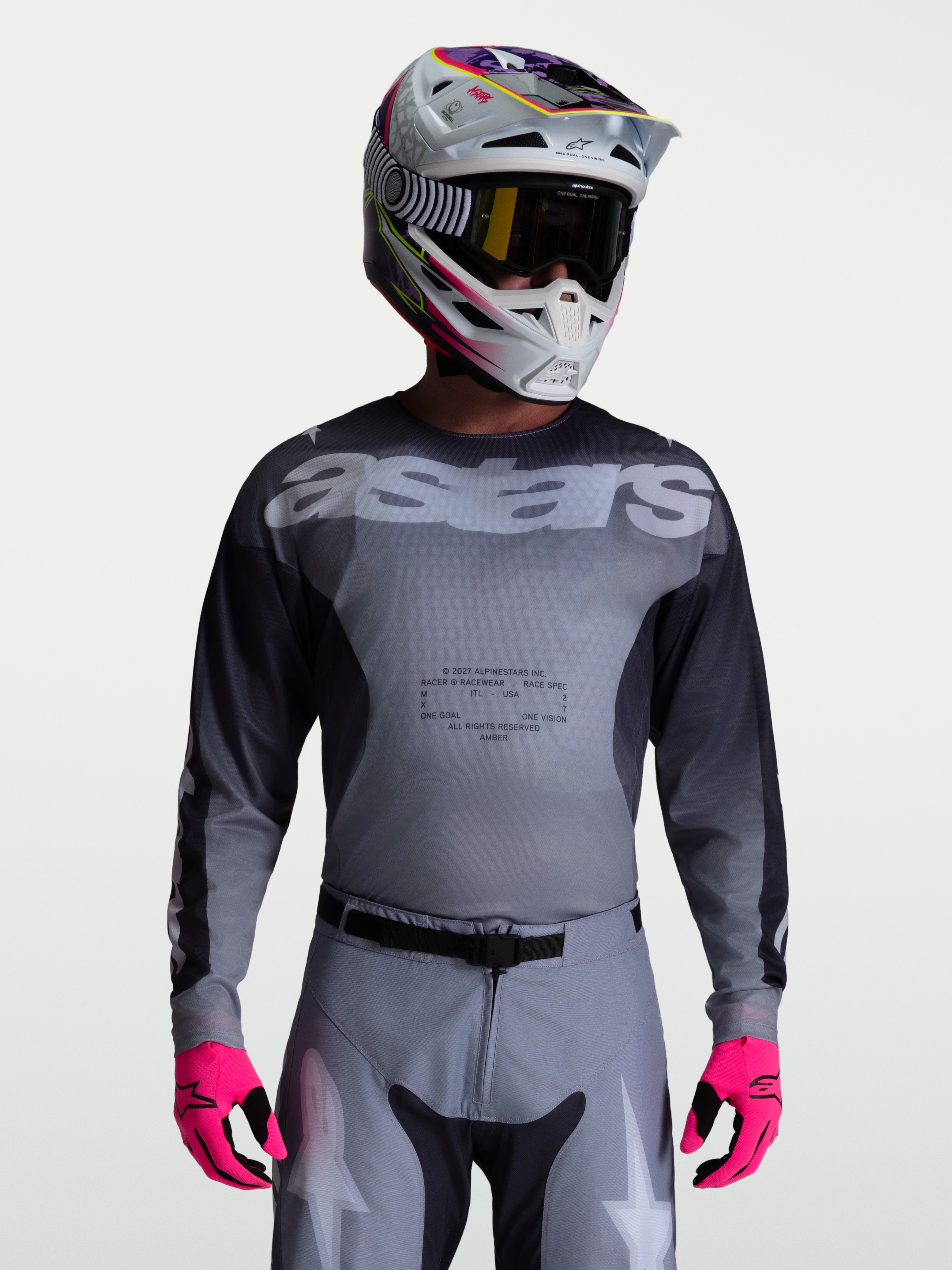 Alpinestars 2027 Racer Amber Jersey, Men's Motocross Jersey, Gray and Dark Gray, moisture-wicking ventilated polyfabric.