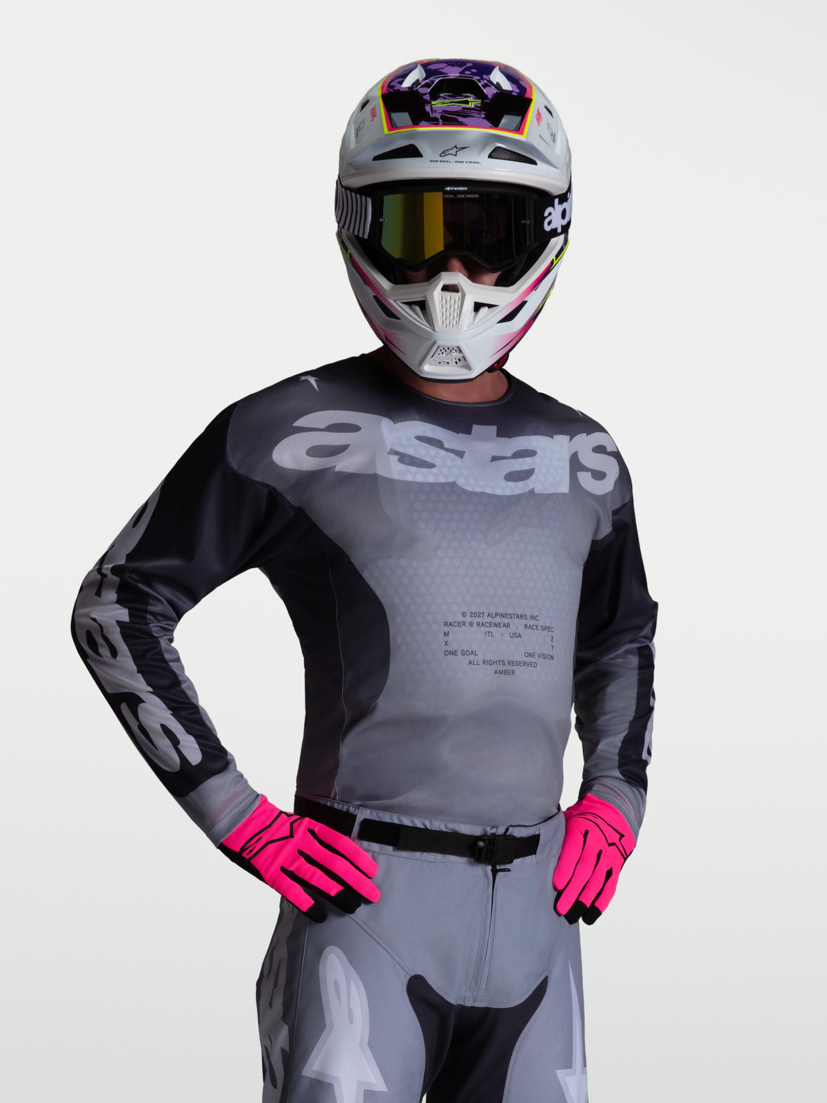 Alpinestars Racer Amber Jersey in Graystone and Light Lilac, a performance motocross jersey with breathable mesh panels.