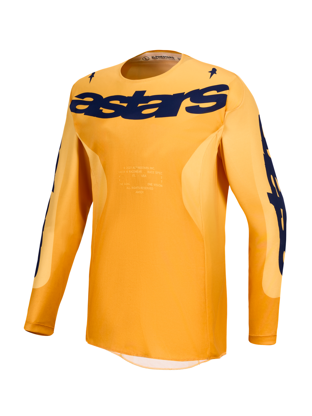 Alpinestars Racer Amber trøje, orange og mørkeblå motocrosstrøje i let fugttransporterende poly-stof til off-road kørsel.