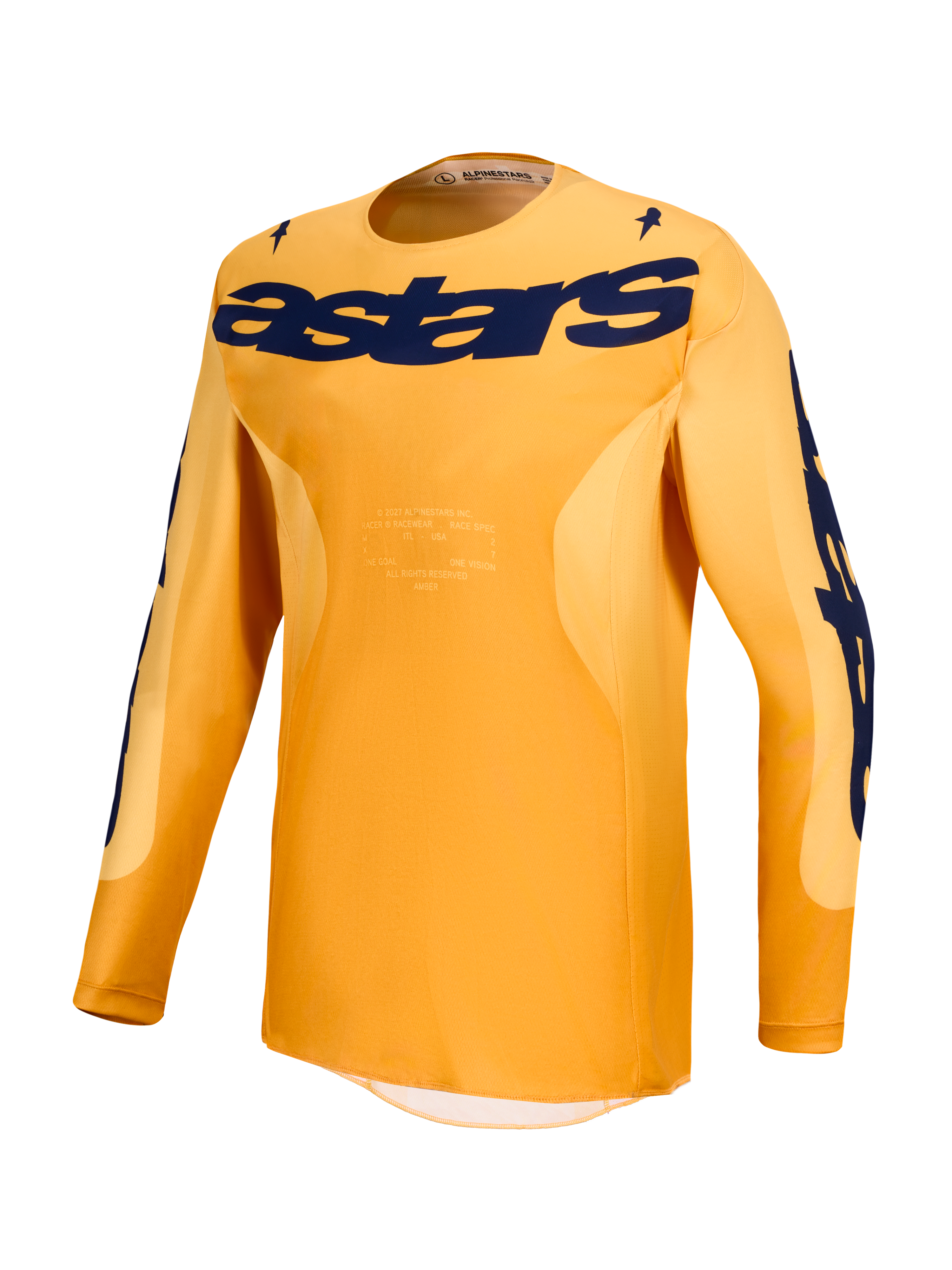Alpinestars Racer Amber trøje, orange og mørkeblå motocrosstrøje i let fugttransporterende poly-stof til off-road kørsel.