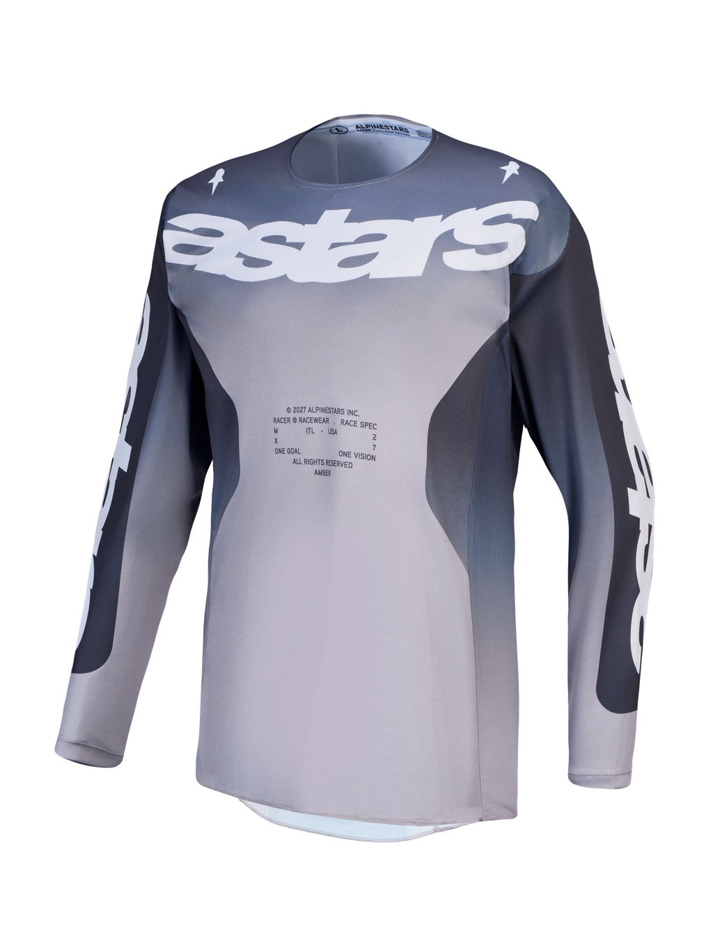 Alpinestars Racer Amber Trøje, herre-motocrosstrøje i grå og lys lilla, åndbart polyfabric med stort logo på brystet.