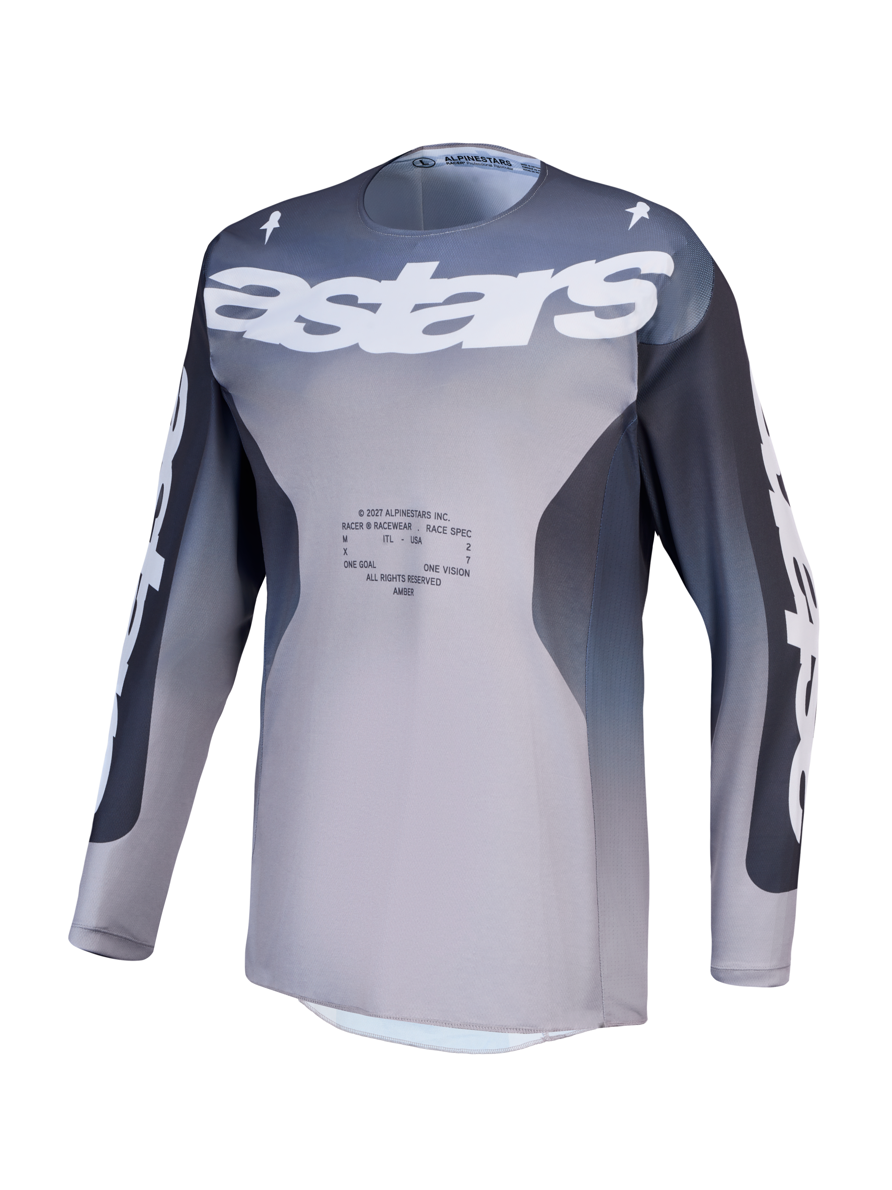 Alpinestars Racer Amber Trøje, herre-motocrosstrøje i grå og lys lilla, åndbart polyfabric med stort logo på brystet.
