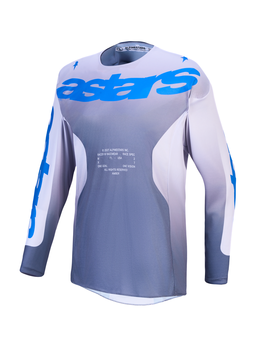 Alpinestars Racer Amber trøje, herre-motocrosstrøje i grå og blå, åndbart og fugttransporterende polystof.