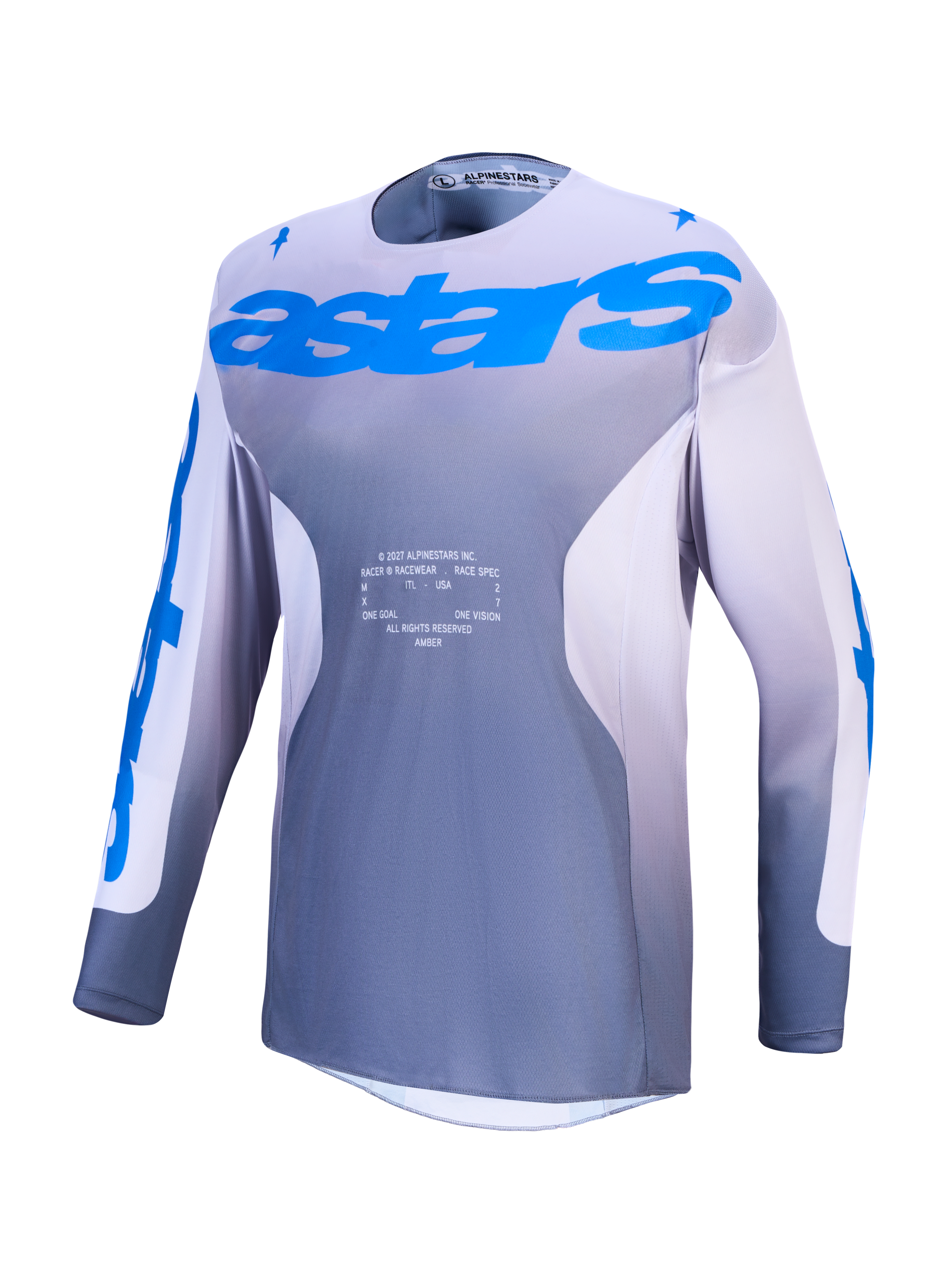 Alpinestars Racer Amber trøje, herre-motocrosstrøje i grå og blå, åndbart og fugttransporterende polystof.