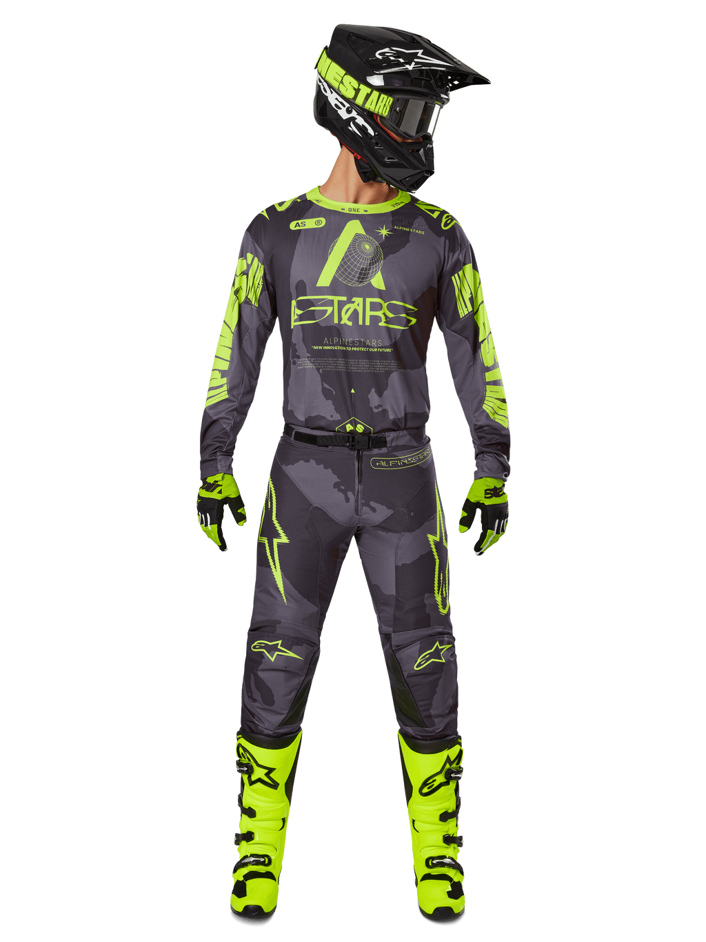 Alpinestars 2025 Racer Hollow Gear Set, motocross-raceroutfit i Dark Camo og Yellow Fluo, inkluderer langærmet trøje og matchende bukser, sort hjelm med neondetaljer, pang-gule støvler og handsker, koordineret præstationsudstyr til off-road kørsel