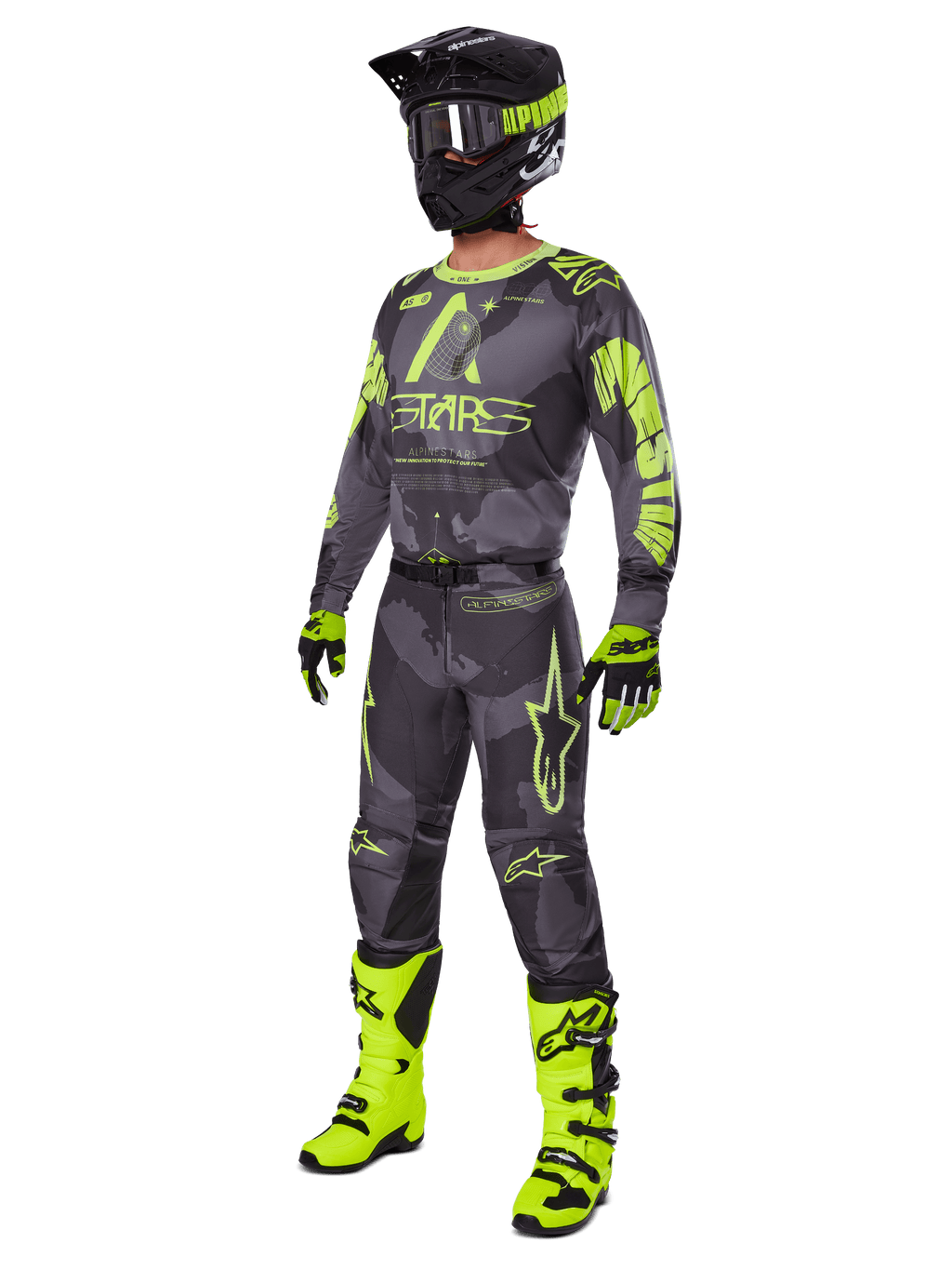 Alpinestars 2025 Racer Hollow Gear Set, komplet motocross-udstyr, grå camouflage og neongul, inkluderer trøje, bukser, matchende sort og gul hjelm, goggles, handsker og neongule støvler, højtydende racingudstyr til terrænkørsel