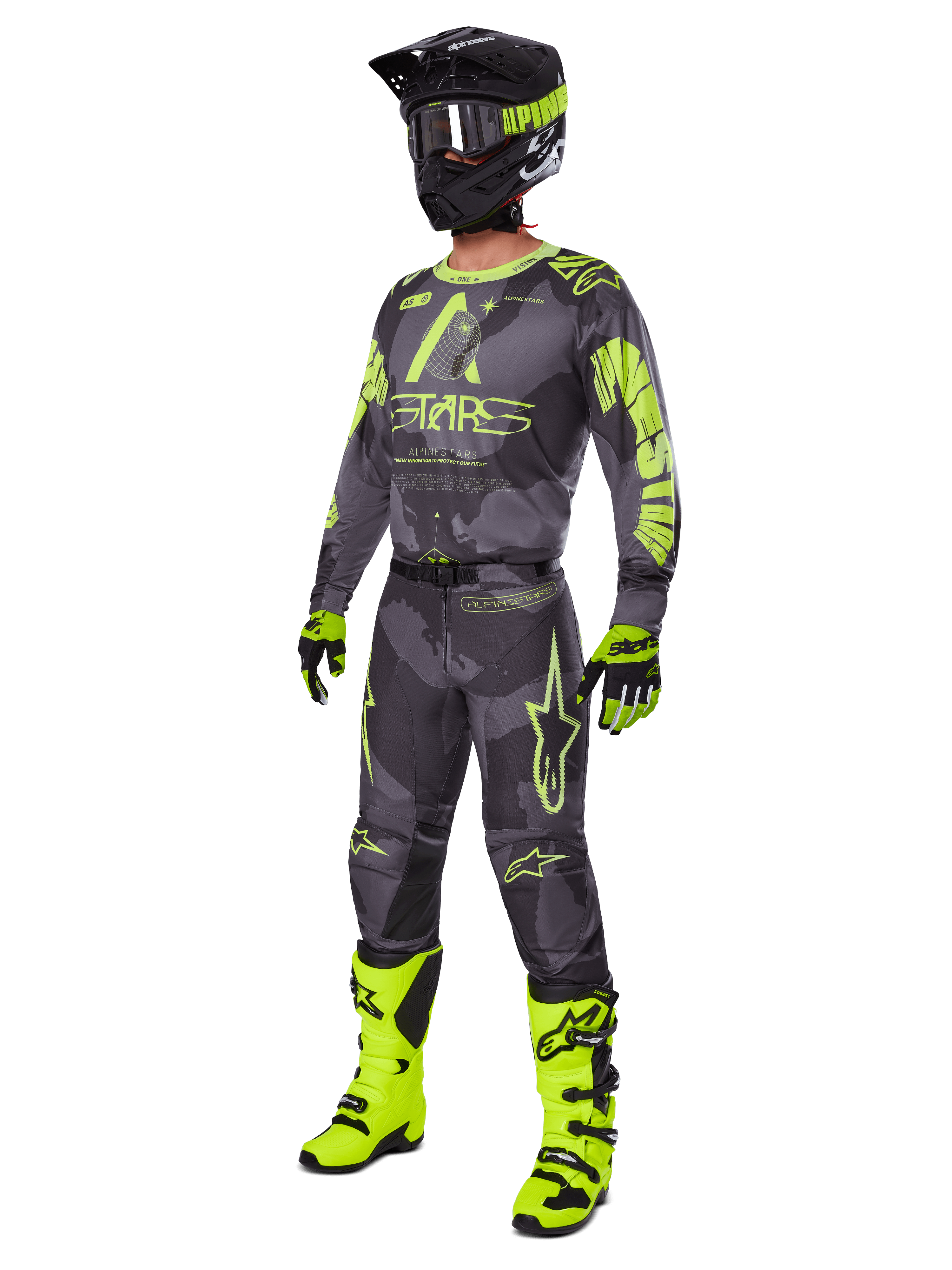 Alpinestars 2025 Racer Hollow Gear Set, komplet motocross-udstyr, grå camouflage og neongul, inkluderer trøje, bukser, matchende sort og gul hjelm, goggles, handsker og neongule støvler, højtydende racingudstyr til terrænkørsel