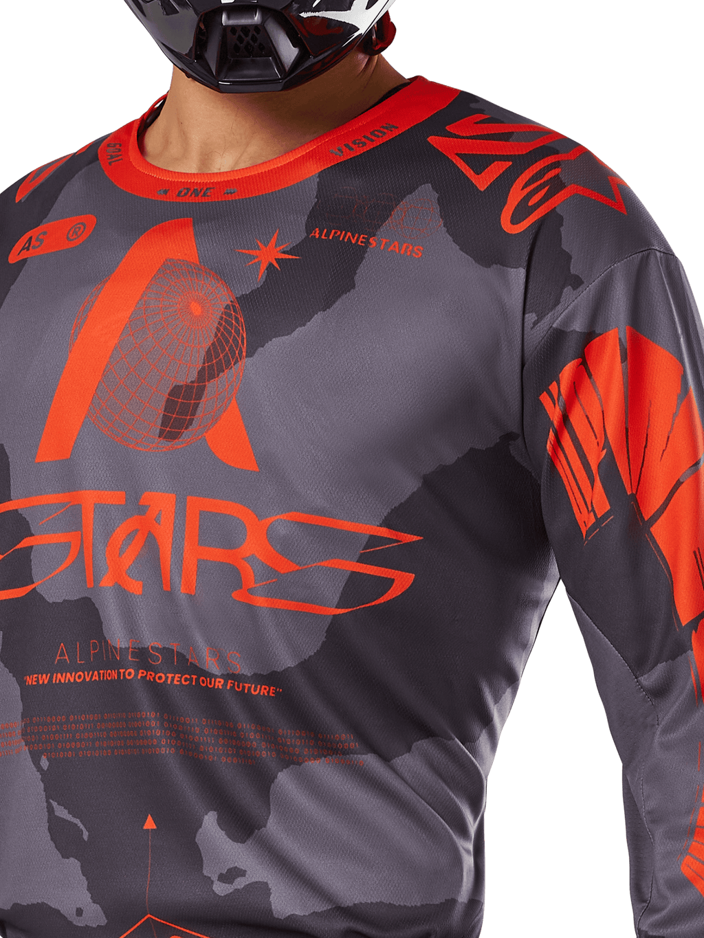 Alpinestars 2025 Racer Hollow Jersey, Motocross Jersey, Gray Camo and Orange Fluo, featuring large orange Alpinestars branding and technical graphics, crew neck collar, designed for performance off-road riding