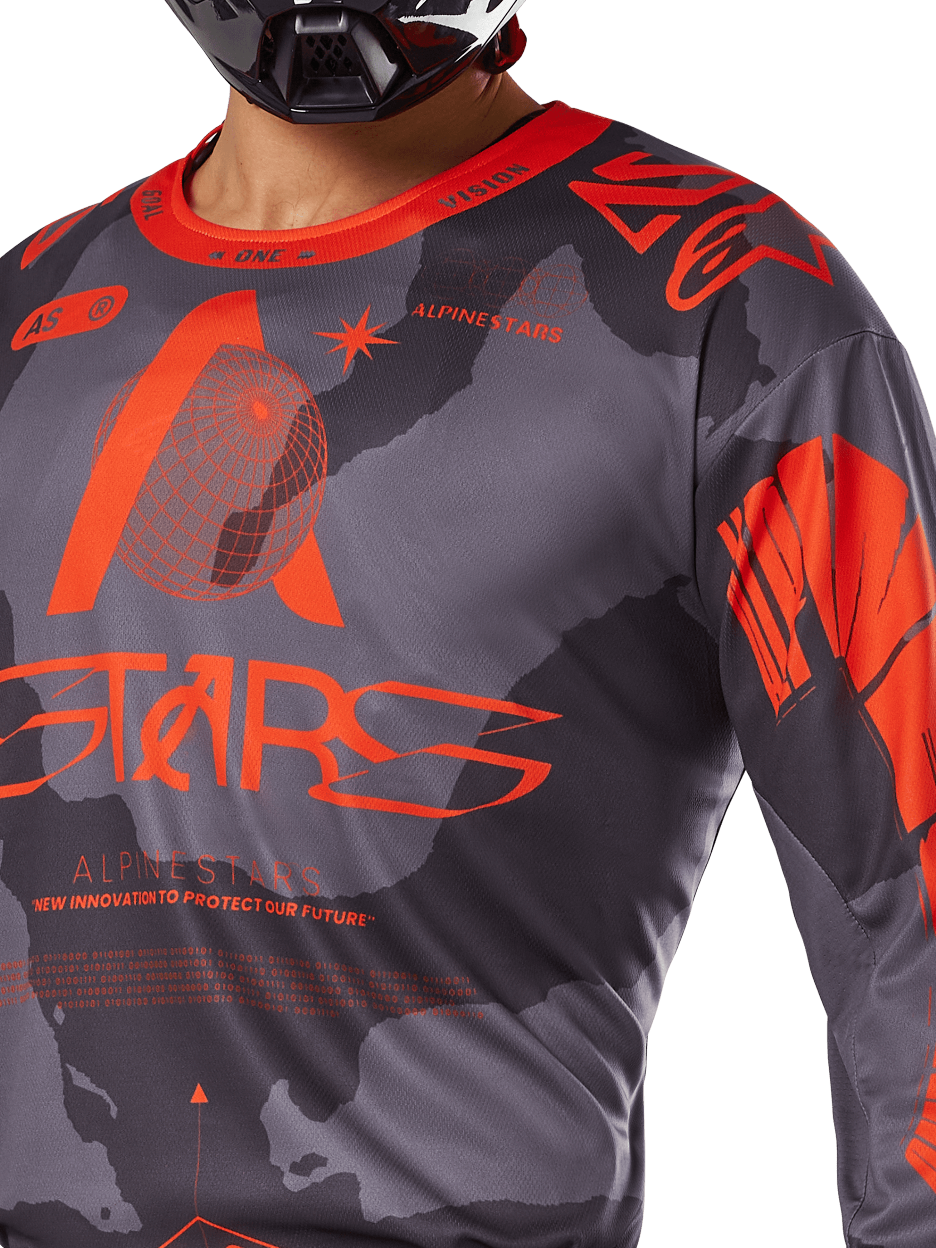 Alpinestars 2025 Racer Hollow Jersey, Motocross Jersey, Gray Camo and Orange Fluo, featuring large orange Alpinestars branding and technical graphics, crew neck collar, designed for performance off-road riding