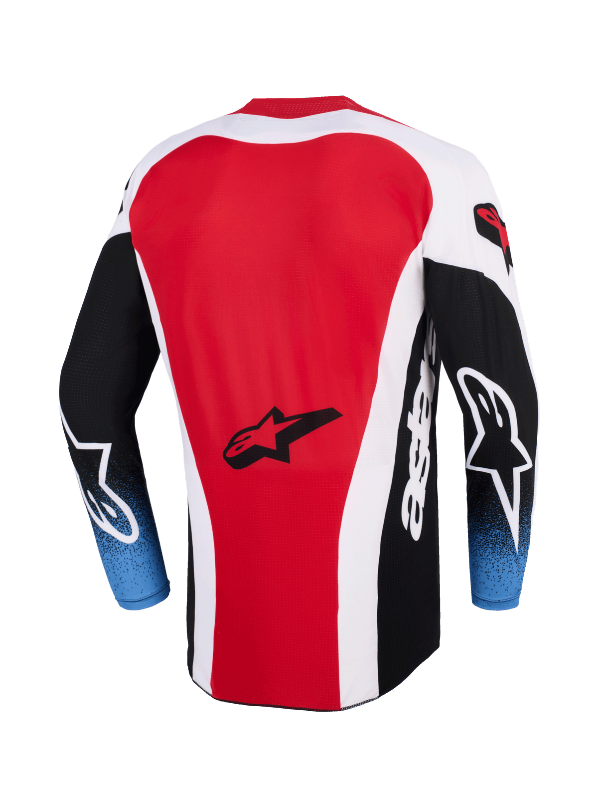 Alpinestars 2026 Techstar Knif Jersey, motocross-trøje, rød, hvid og sort med blå gradient-ærmer, set bagfra med Alpinestars stjerne-logo, forlænget rygprofil, atletisk race-pasform til off-road racing