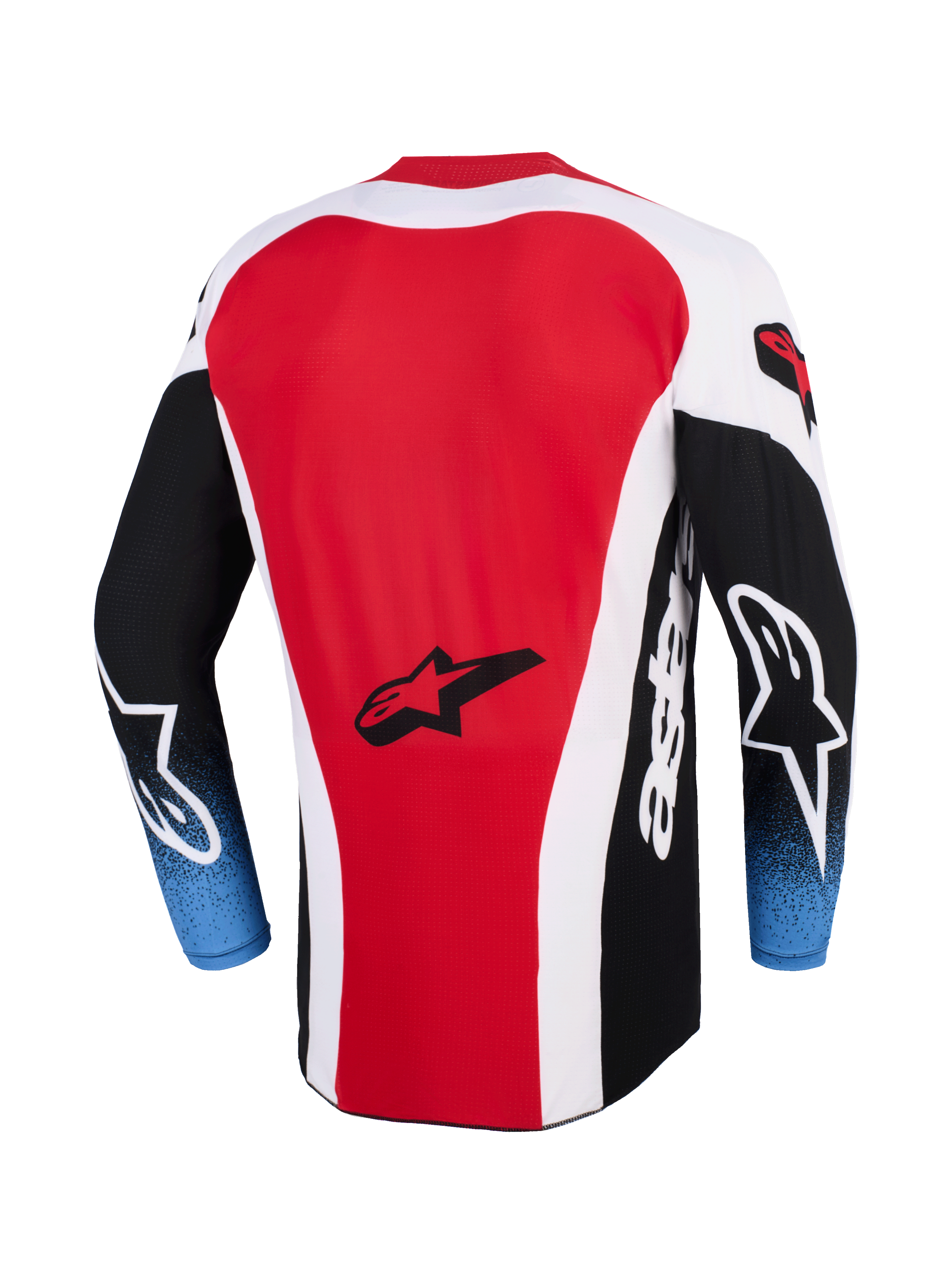 Alpinestars 2026 Techstar Knif Jersey, motocross-trøje, rød, hvid og sort med blå gradient-ærmer, set bagfra med Alpinestars stjerne-logo, forlænget rygprofil, atletisk race-pasform til off-road racing