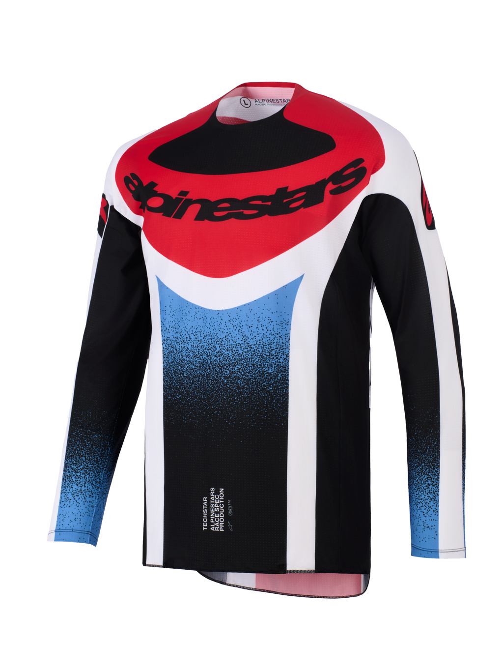 Alpinestars 2026 Techstar Knif trøje, motocross jersey, sort, hvid, rød og blå gradient, atletisk race fit, langærmet performance-udstyr med markant Alpinestars-logo på brystet