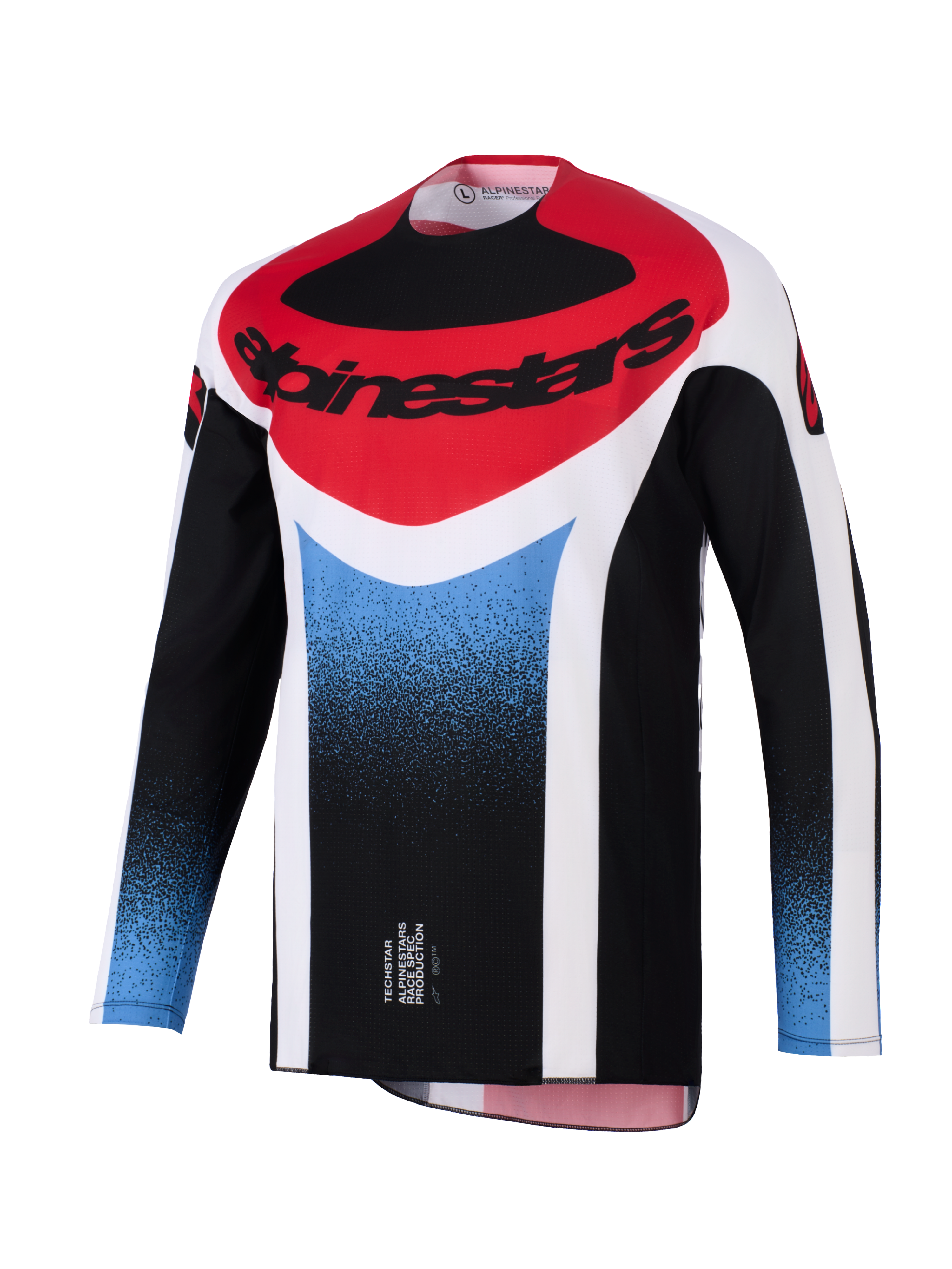 Alpinestars 2026 Techstar Knif trøje, motocross jersey, sort, hvid, rød og blå gradient, atletisk race fit, langærmet performance-udstyr med markant Alpinestars-logo på brystet