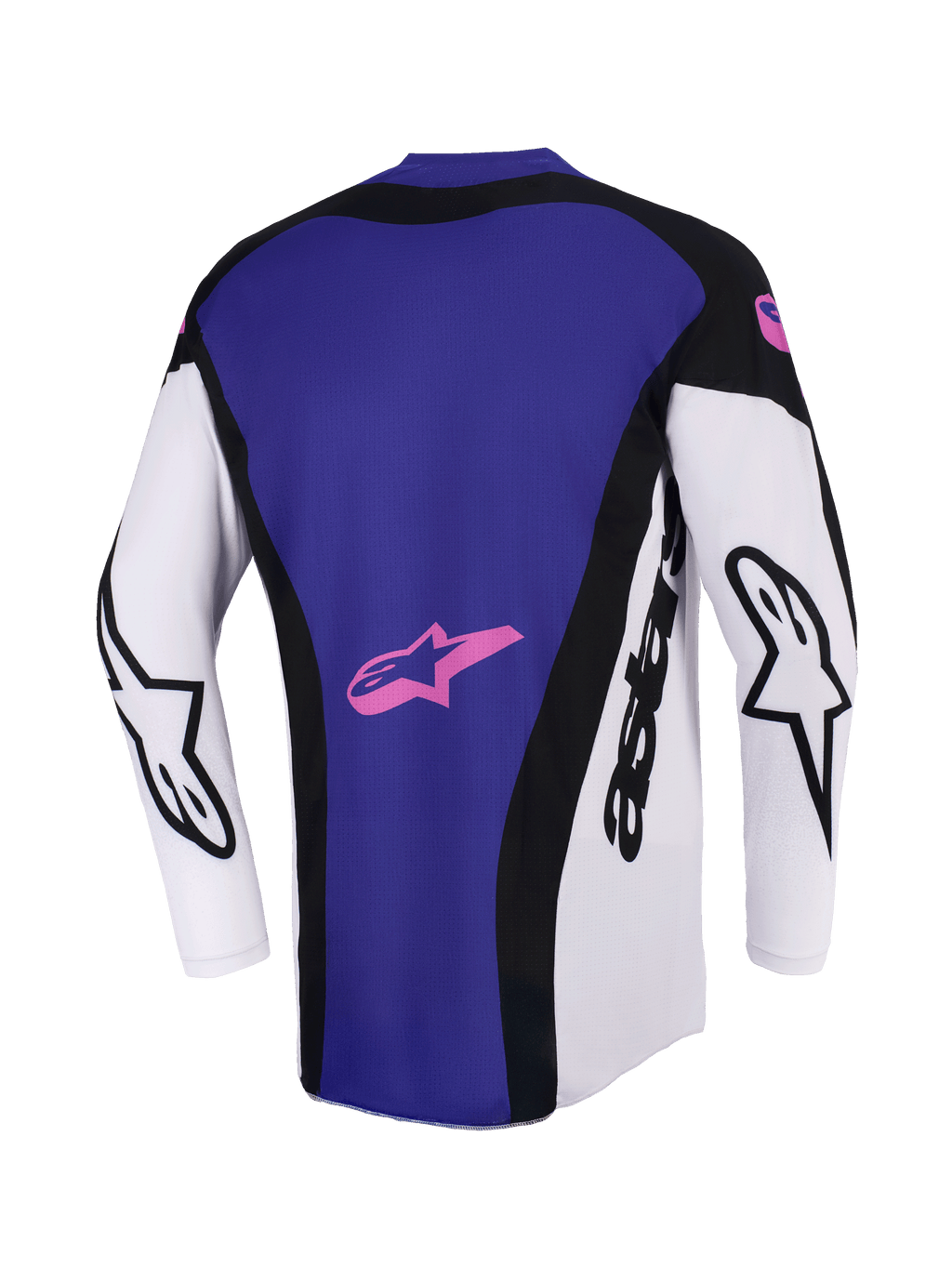 Alpinestars 2026 Techstar Knif trøje, motocross-trøje, sort, lysegrå og lilla, set bagfra med et stort lilla rygpanel og lyserødt stjernelogo, hvide ærmer med sort Alpinestars-branding, atletisk race-pasform