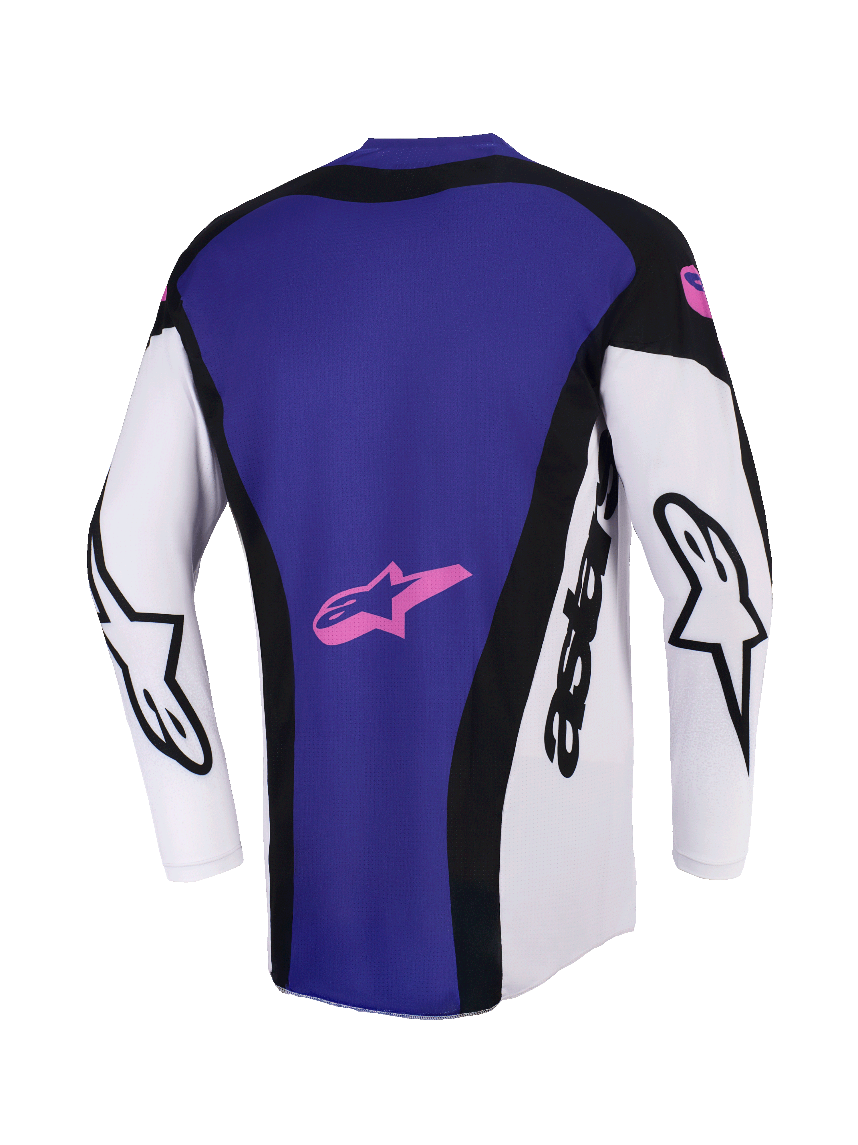 Alpinestars 2026 Techstar Knif trøje, motocross-trøje, sort, lysegrå og lilla, set bagfra med et stort lilla rygpanel og lyserødt stjernelogo, hvide ærmer med sort Alpinestars-branding, atletisk race-pasform