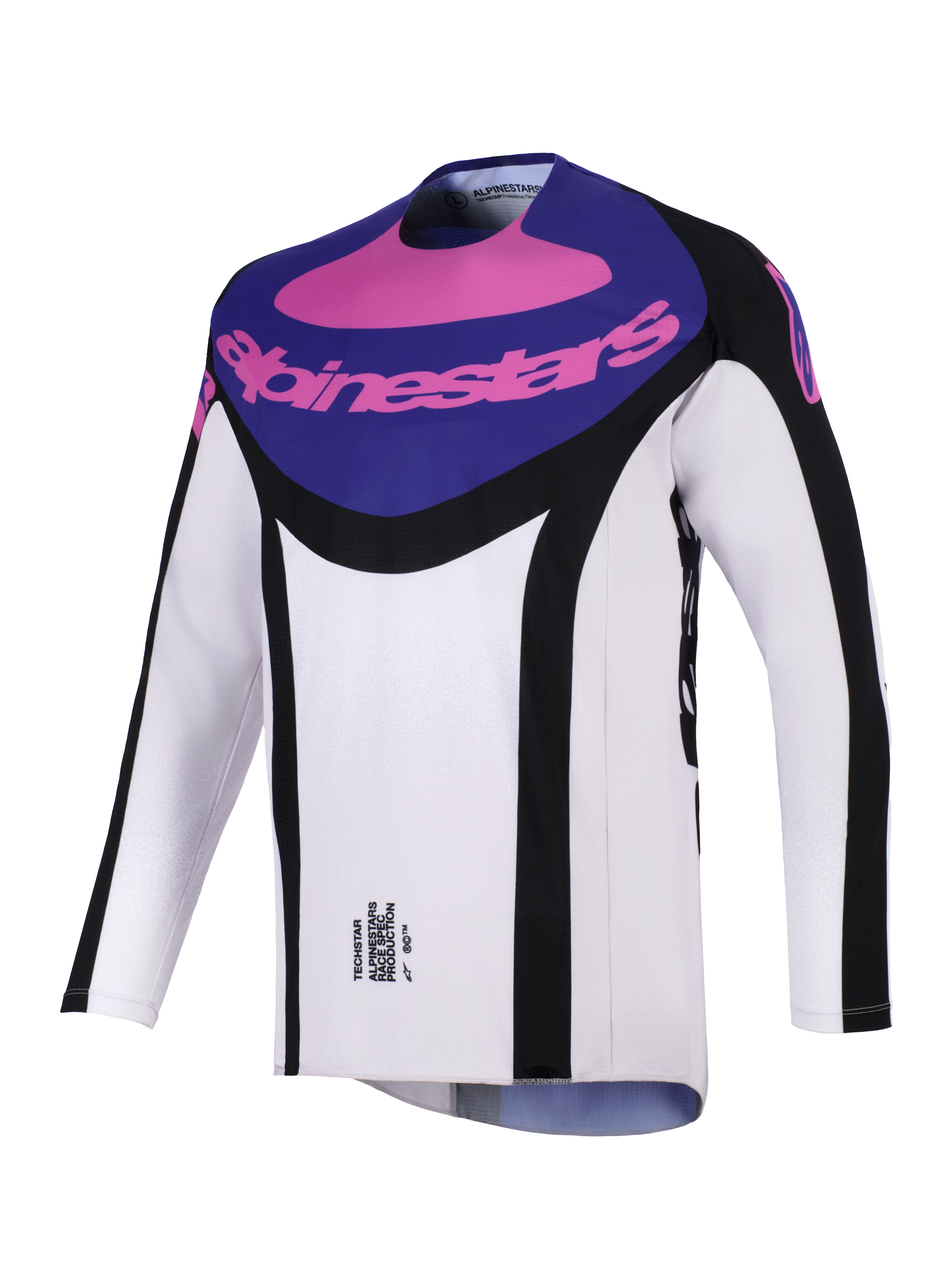 Alpinestars 2026 Techstar Knif trøje, motocross-trøje, sort, lysegrå og lilla, lilla brystpanel med lyserød Alpinestars-branding, sorte sideaccenter, let svedtransporterende materiale til off-road ydeevne
