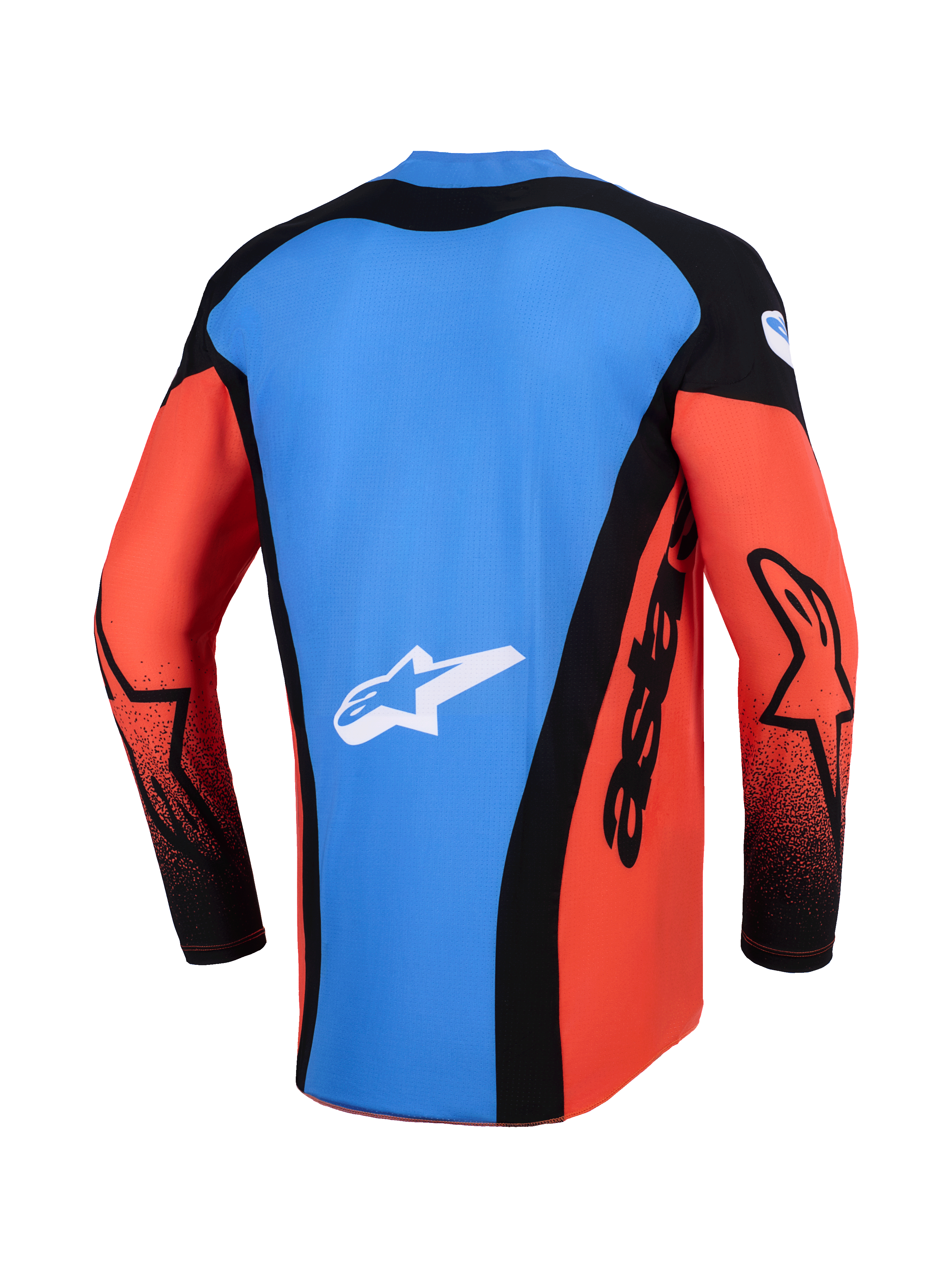 Alpinestars 2026 Techstar Knif trøje, motocross-trøje, set bagfra i orange, sort og UCLA blå, med et blåt rygpanel med hvidt stjernelogo, sorte sidepaneler med 'astars'-branding og orange ærmer med sorte detaljer, letvægts performance-udstyr til off-road racing