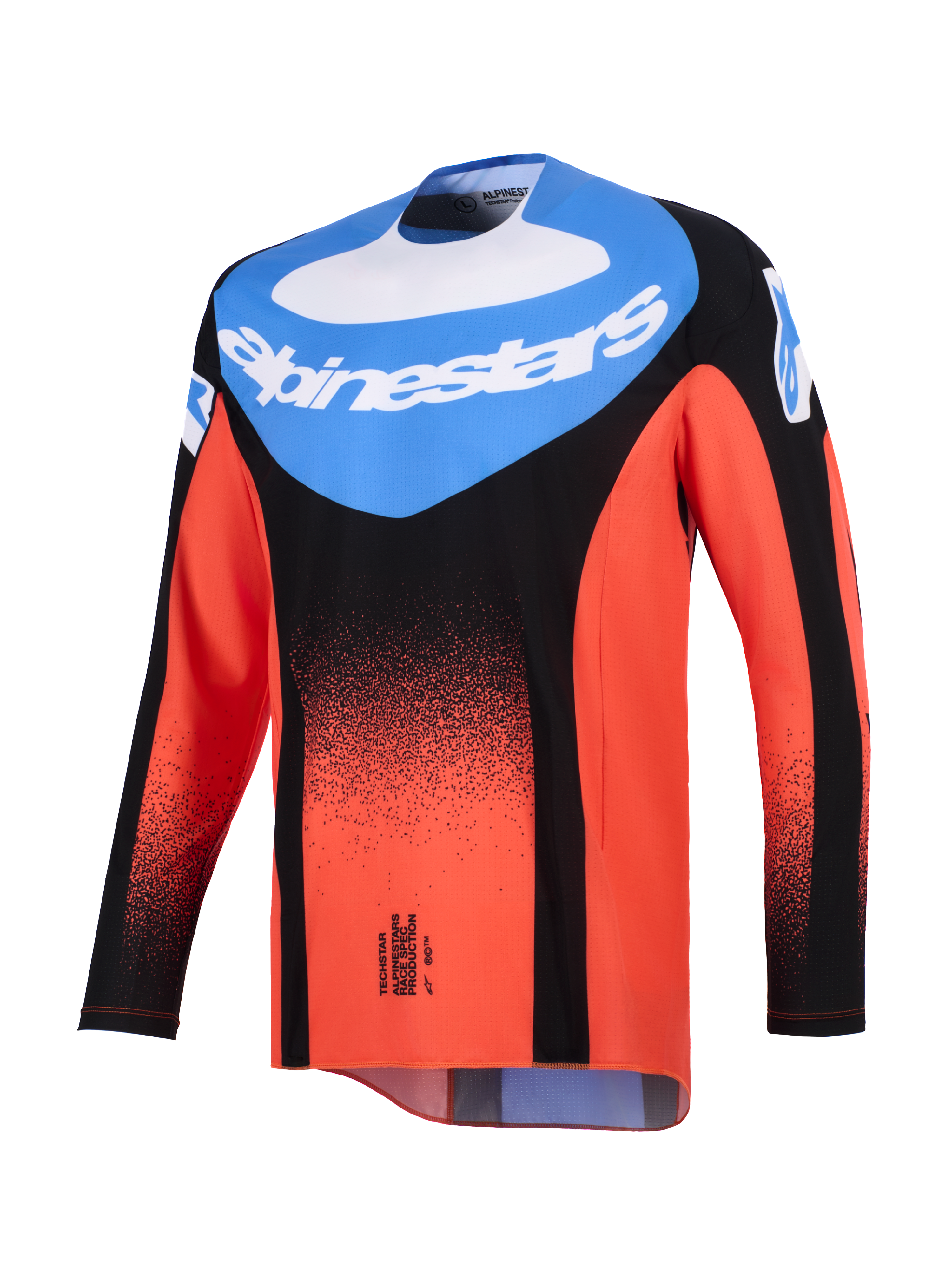 Alpinestars 2026 Techstar Knif Jersey, motocross-trøje, orange, sort og UCLA-blå, set forfra med et blåt brystpanel med hvidt Alpinestars-logo og en sort prikket gradient på de orange ærmer og krop, performance off-road racingudstyr