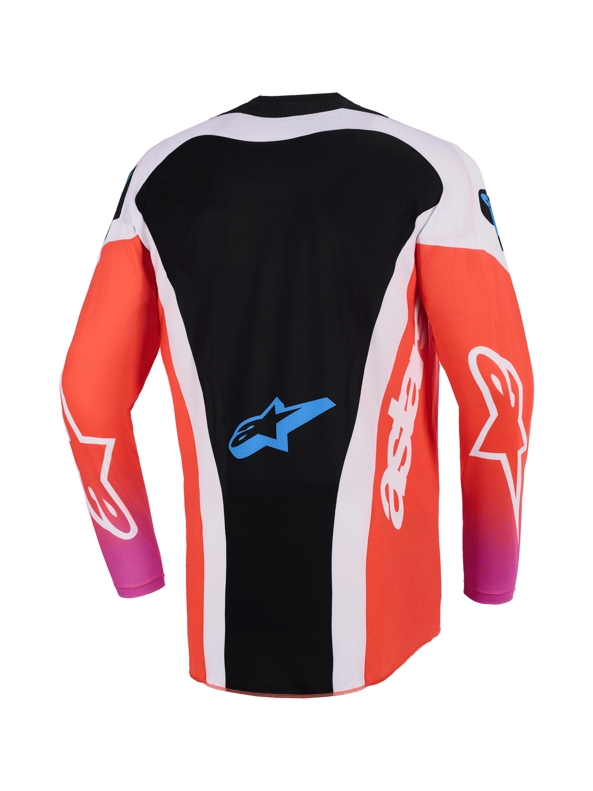 Alpinestars 2026 Techstar Knif trøje, motocross-trøje, sort og orange fluo, set bagfra med forlænget rygdesign, hvide sidepaneler, blåt Astar-logo på den nederste del af ryggen, lange ærmer, high-performance racingudstyr
