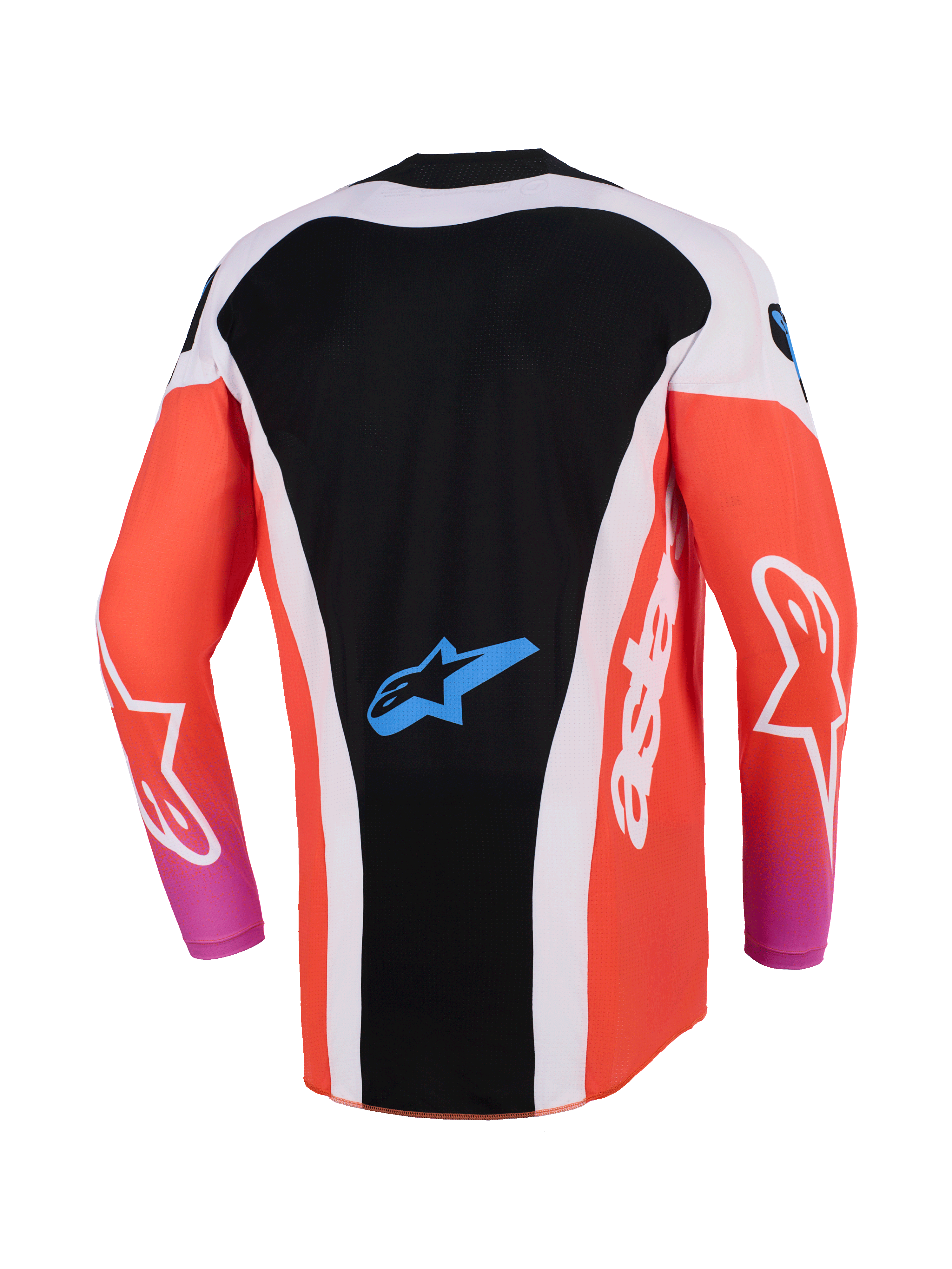 Alpinestars 2026 Techstar Knif trøje, motocross-trøje, sort og orange fluo, set bagfra med forlænget rygdesign, hvide sidepaneler, blåt Astar-logo på den nederste del af ryggen, lange ærmer, high-performance racingudstyr