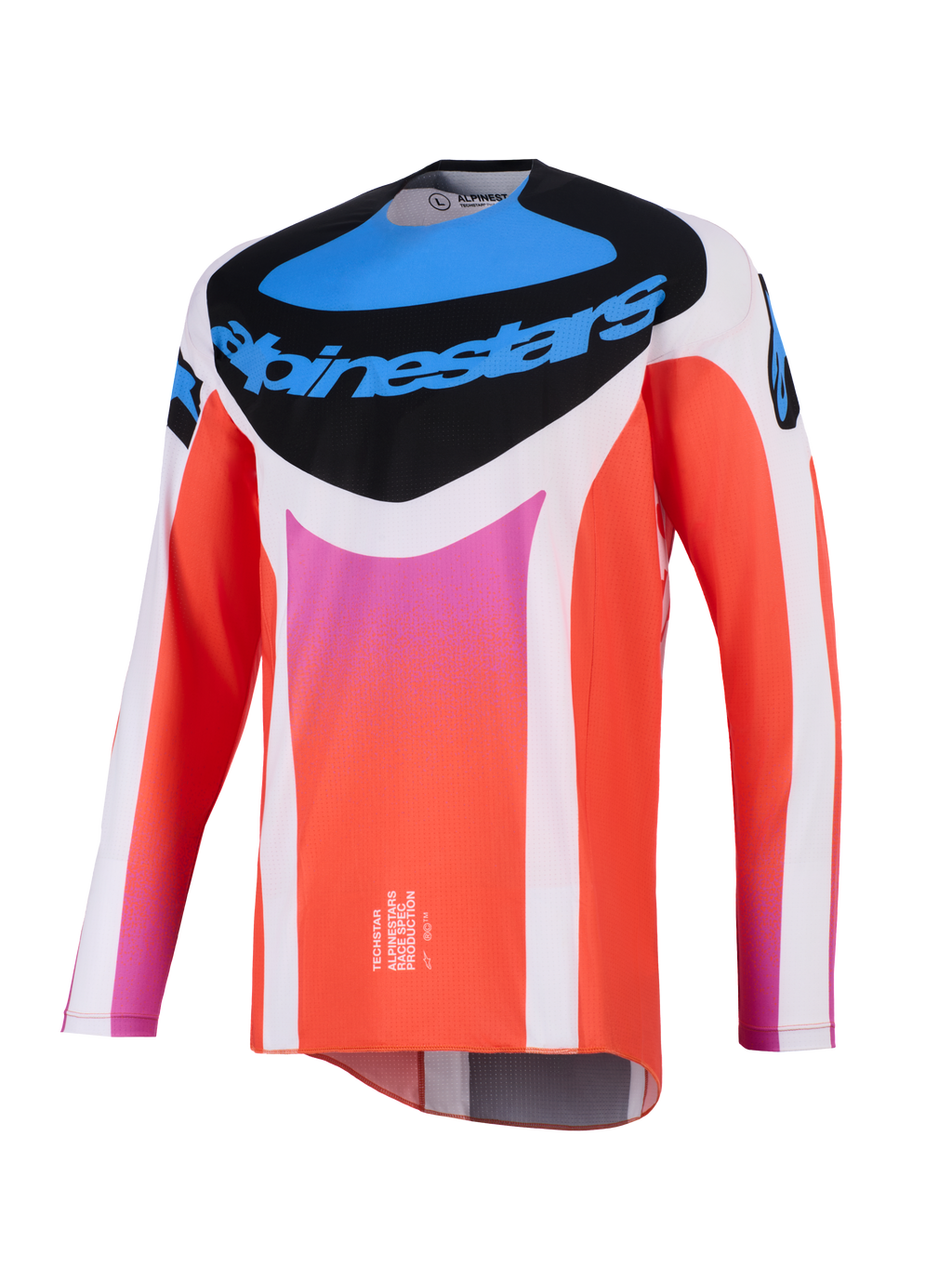 Alpinestars 2026 Techstar Knif Jersey, motocross-trøje, hvid og orange med blå og lyserøde detaljer, sort brystpanel med Alpinestars-logo, teknisk langærmet racerudstyr til terrænkørsel
