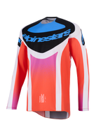 Alpinestars 2026 Techstar Knif Jersey, motocross-trøje, hvid og orange med blå og lyserøde detaljer, sort brystpanel med Alpinestars-logo, teknisk langærmet racerudstyr til terrænkørsel