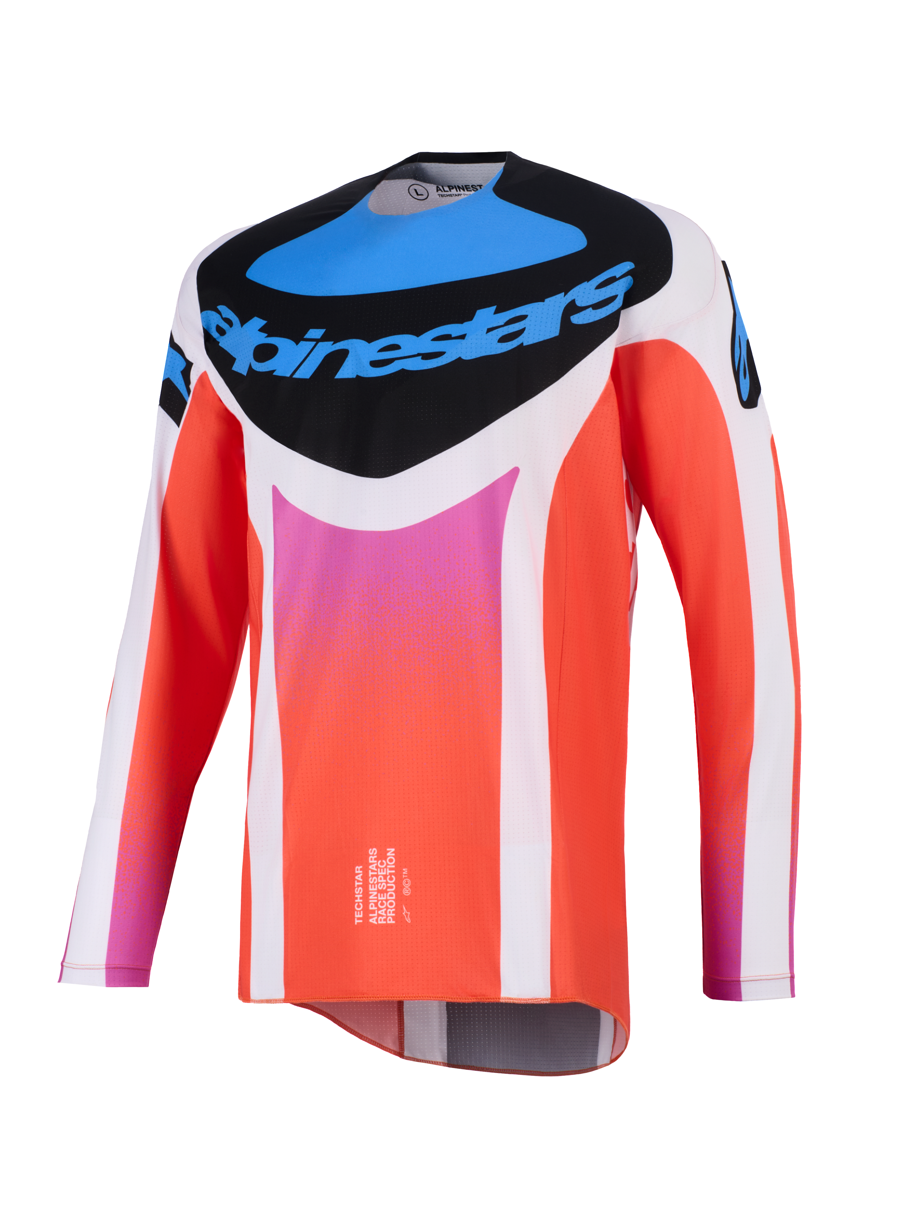 Alpinestars 2026 Techstar Knif Jersey, motocross-trøje, hvid og orange med blå og lyserøde detaljer, sort brystpanel med Alpinestars-logo, teknisk langærmet racerudstyr til terrænkørsel
