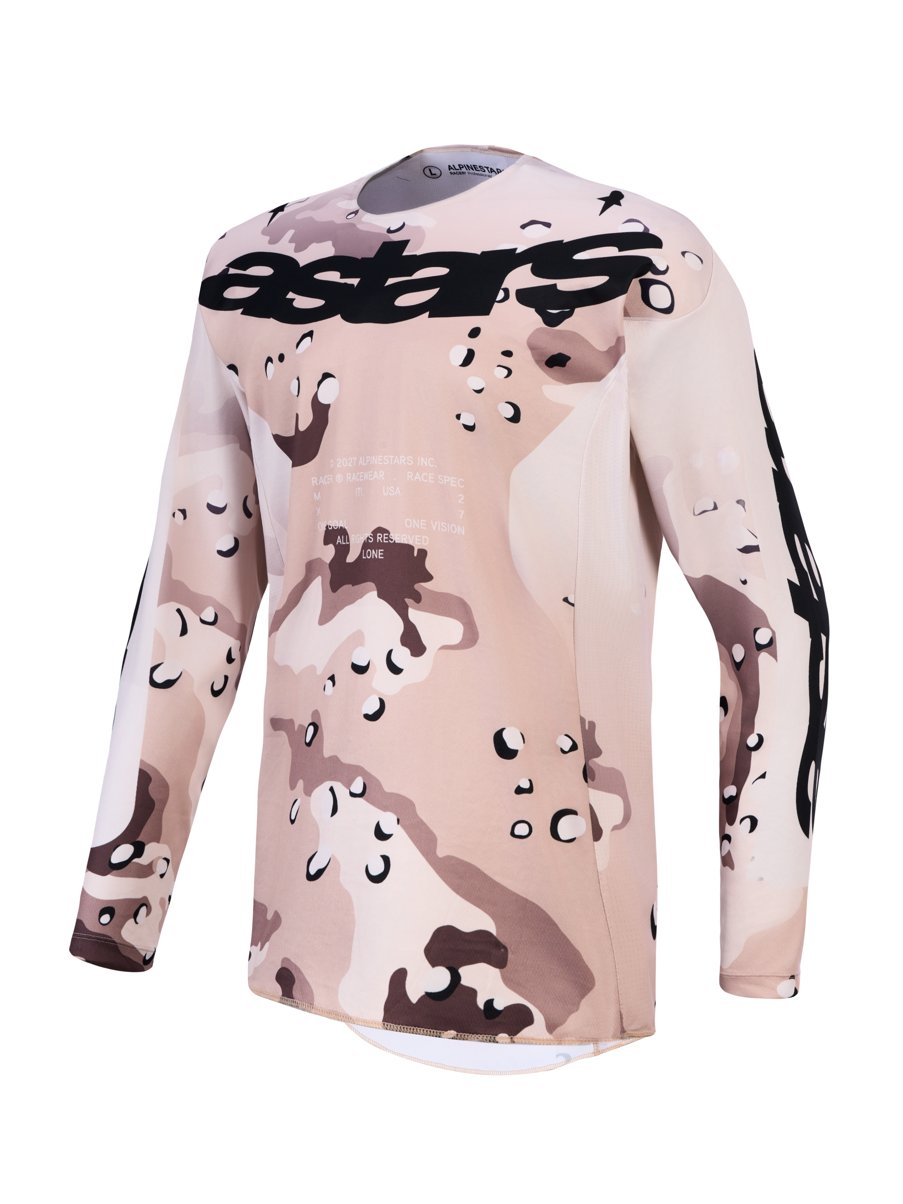 Alpinestars Racer Lone trøje, langærmet motocross-top i sand og sort desert camo, let fugttransporterende polyfabrik, herremodel til off-road kørsel