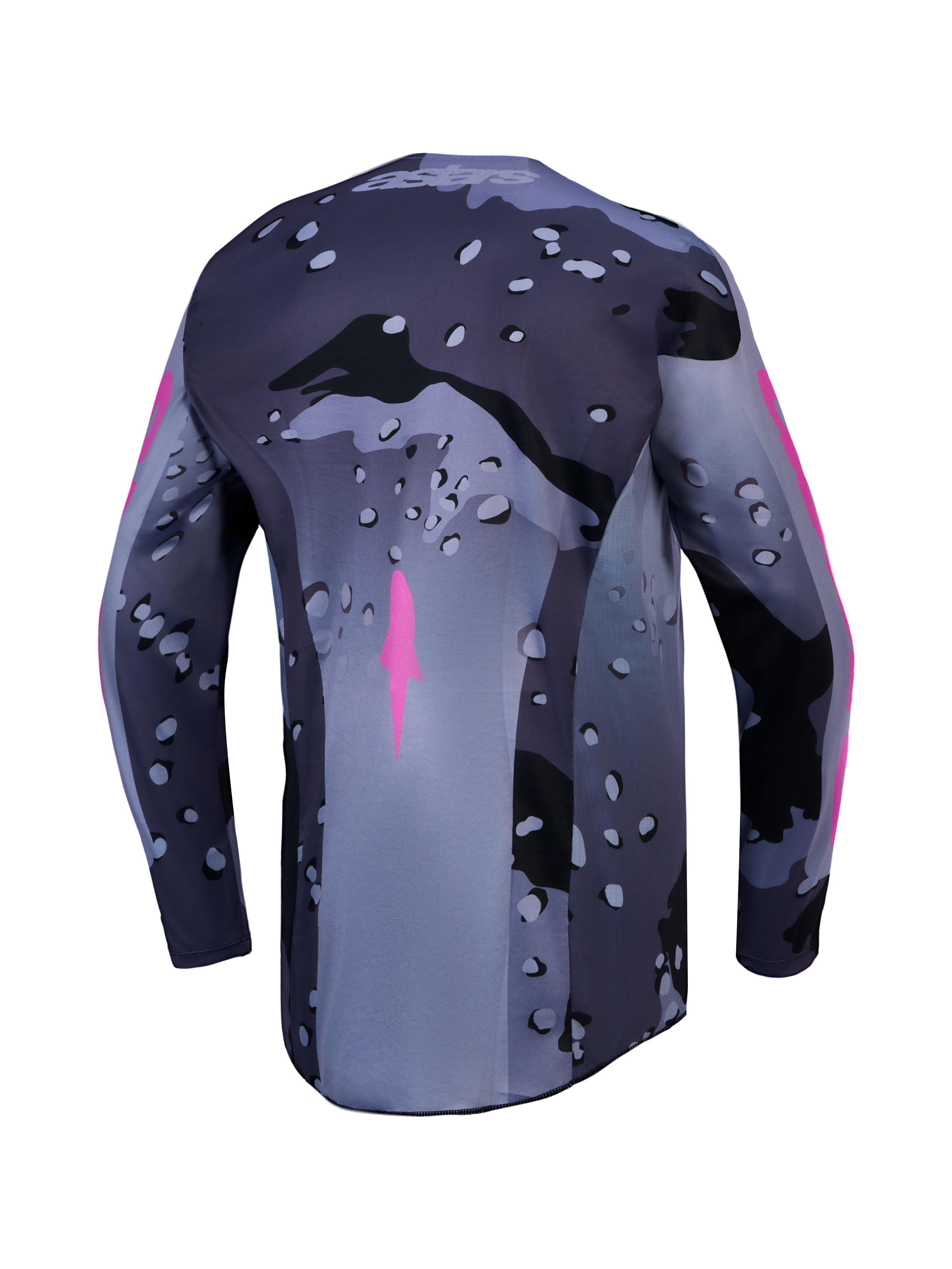 Alpinestars Racer Lone trøje, herre-motocrosstrøje i grå camouflage og lilla, fugttransporterende poly-stof, set bagfra.
