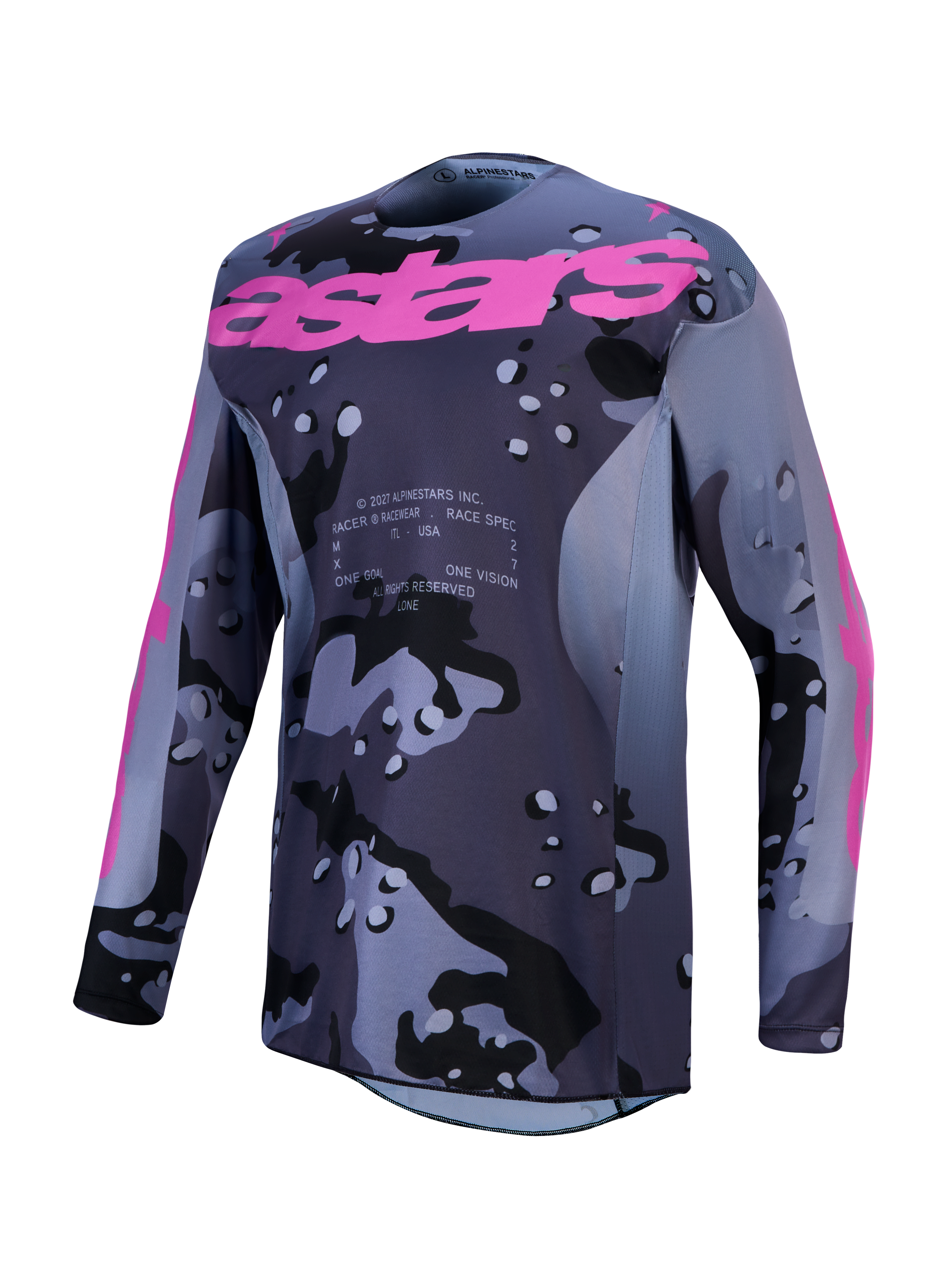 Alpinestars Racer Lone trøje, herre-motocrosstrøje i grå camo og lilla, fugttransporterende poly-stof