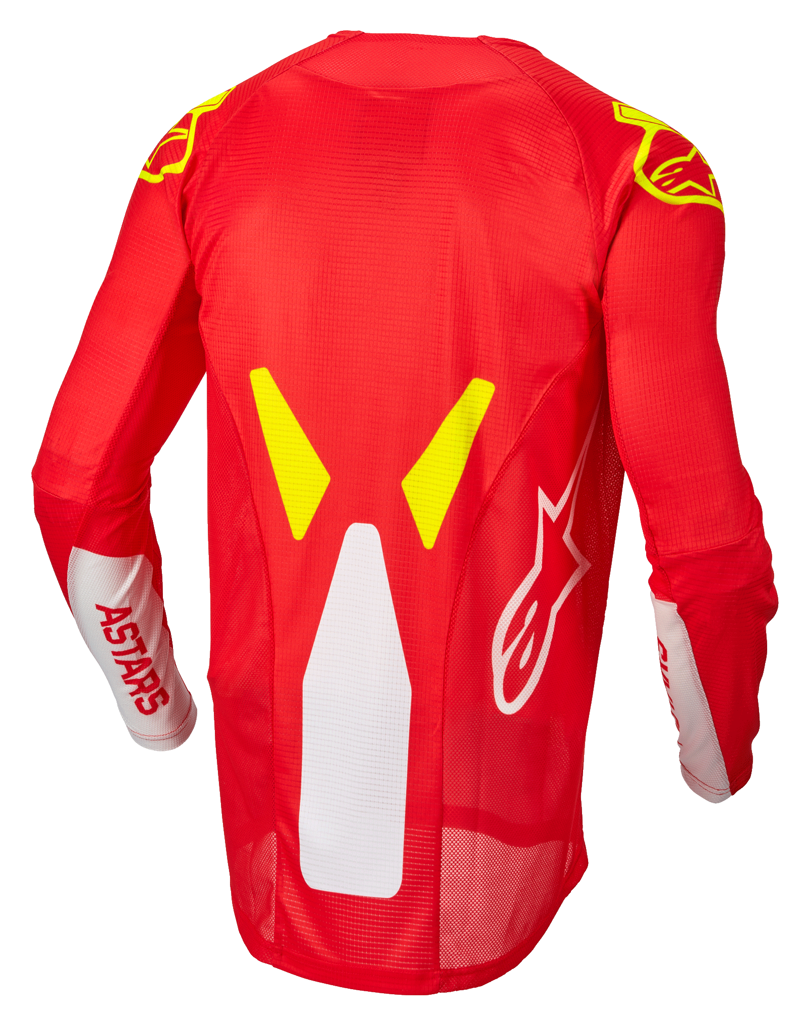 Alpinestars Techstar Factory trøje, motocross trøje, rød fluo, hvid og gul fluo, set bagfra med mesh-ventilationspaneler og forlænget rygprofil, hvidt ASTARS-branding på ærmerne og gule fluo grafiske detaljer på skuldrene.