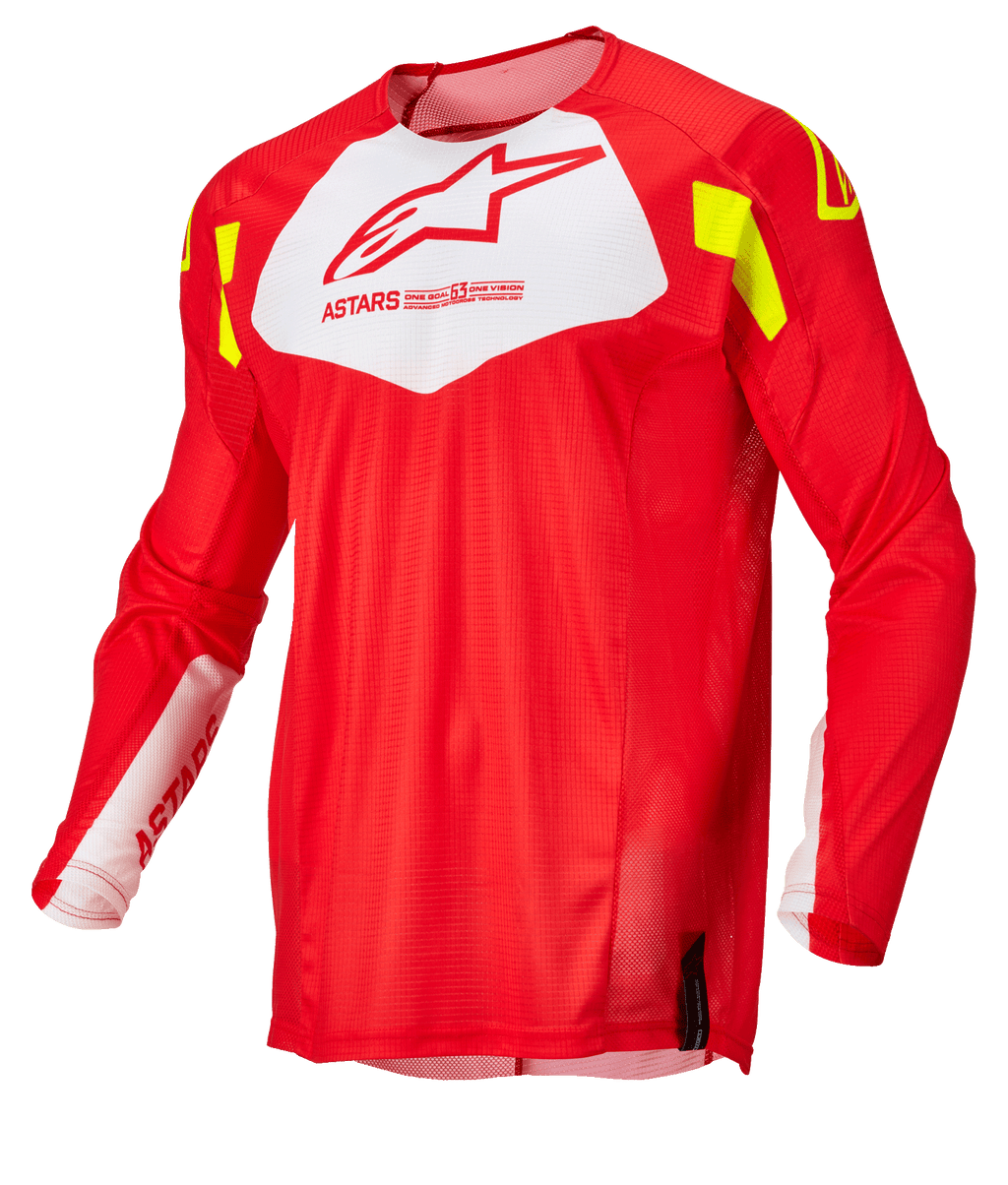 Alpinestars Techstar Factory trøje, motocross-jersey, fluorød med hvidt brystpanel og gule fluo-accenter, let åndbart mesh-stof, langærmet design til off-road racing