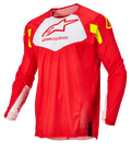 Alpinestars Techstar Factory trøje, motocross-jersey, fluorød med hvidt brystpanel og gule fluo-accenter, let åndbart mesh-stof, langærmet design til off-road racing