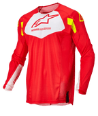 Alpinestars Techstar Factory trøje, motocross-jersey, fluorød med hvidt brystpanel og gule fluo-accenter, let åndbart mesh-stof, langærmet design til off-road racing
