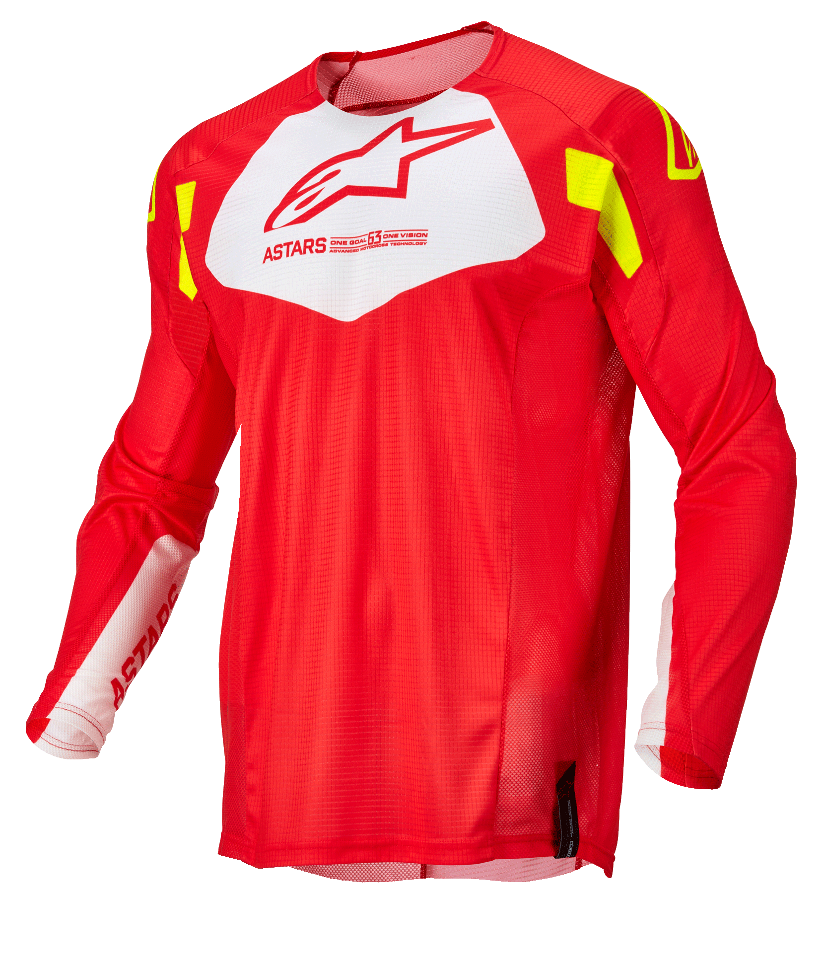 Alpinestars Techstar Factory trøje, motocross-jersey, fluorød med hvidt brystpanel og gule fluo-accenter, let åndbart mesh-stof, langærmet design til off-road racing