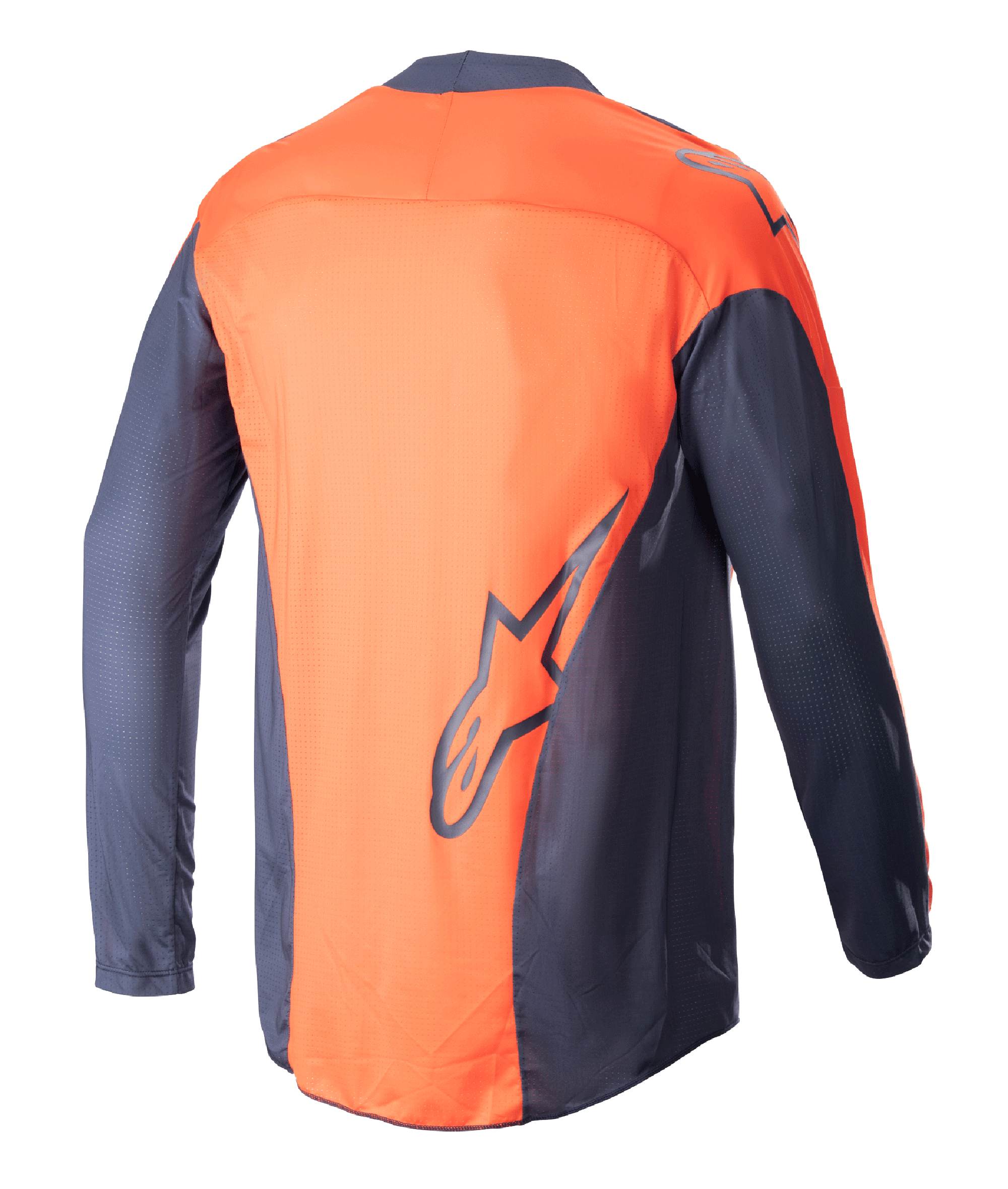 Alpinestars 2023 Techstar Arch Jersey, motocross-trøje, Night Navy og Hot Orange, set bagfra, letvægts mesh-konstruktion, med stort navy Alpinestars-logo på den nederste del af ryggen, forlænget bagstykke for optimal dækning under kørsel