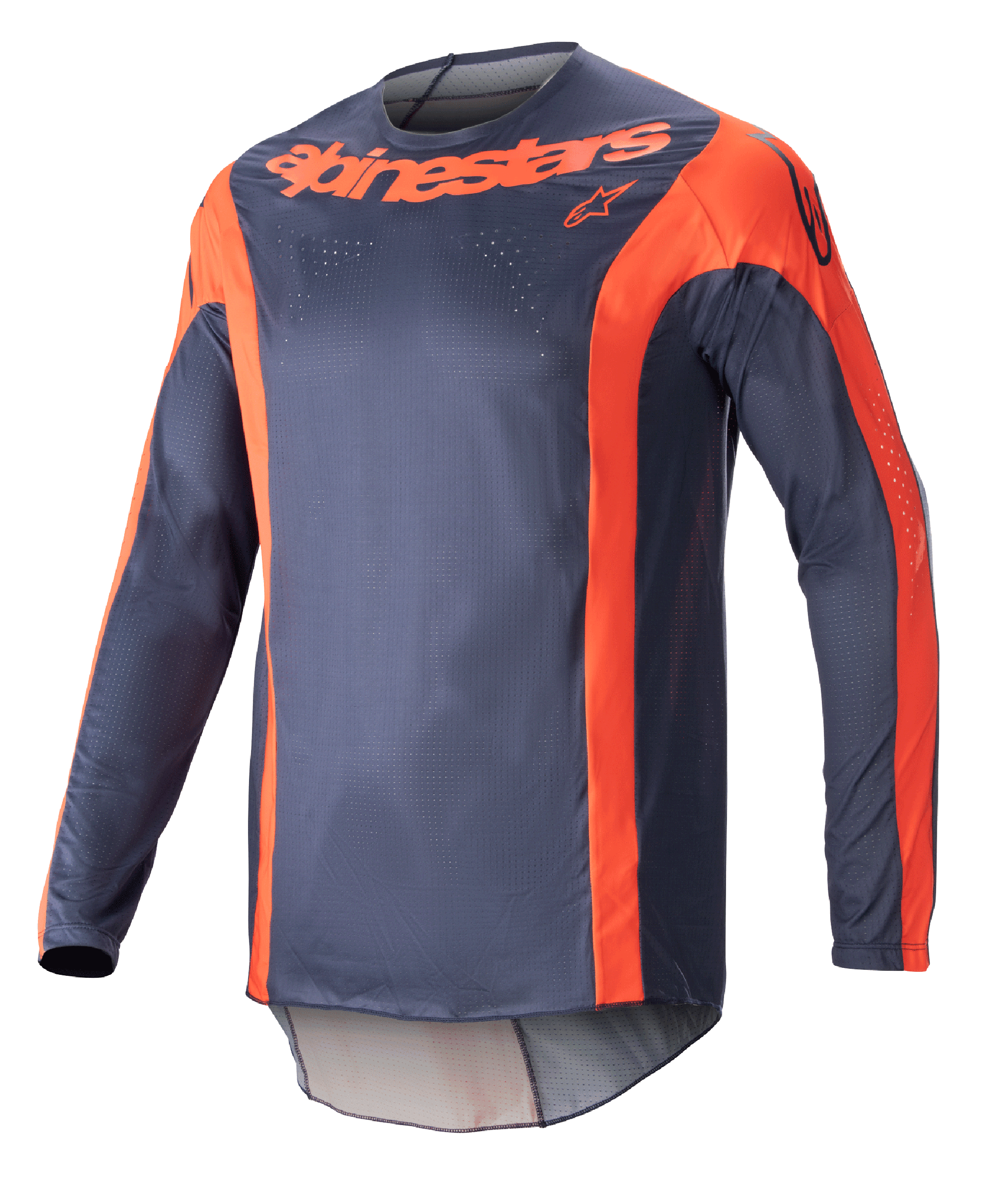 Alpinestars 2023 Techstar Arch trøje, langærmet motocross-jersey, mørkeblå og klar orange, med vertikale orange detaljer og logo på brystet, letvægts mesh-materiale til off-road ydeevne