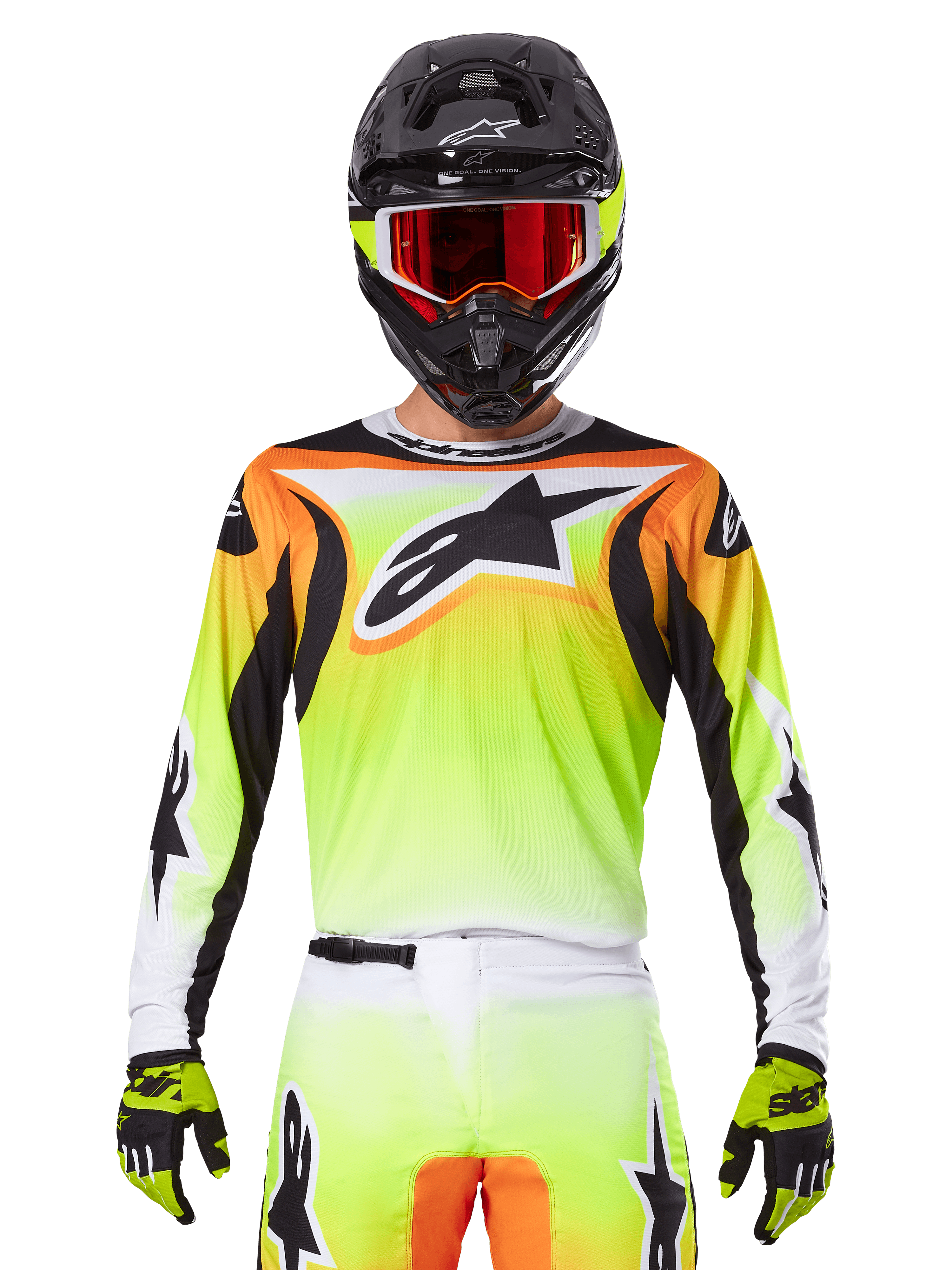 Alpinestars 2025 Fluid Wurx Jersey, Motocross Jersey, Neon Yellow Orange and White, worn with matching pants and black helmet with red goggles, complete MX gear ensemble on rider