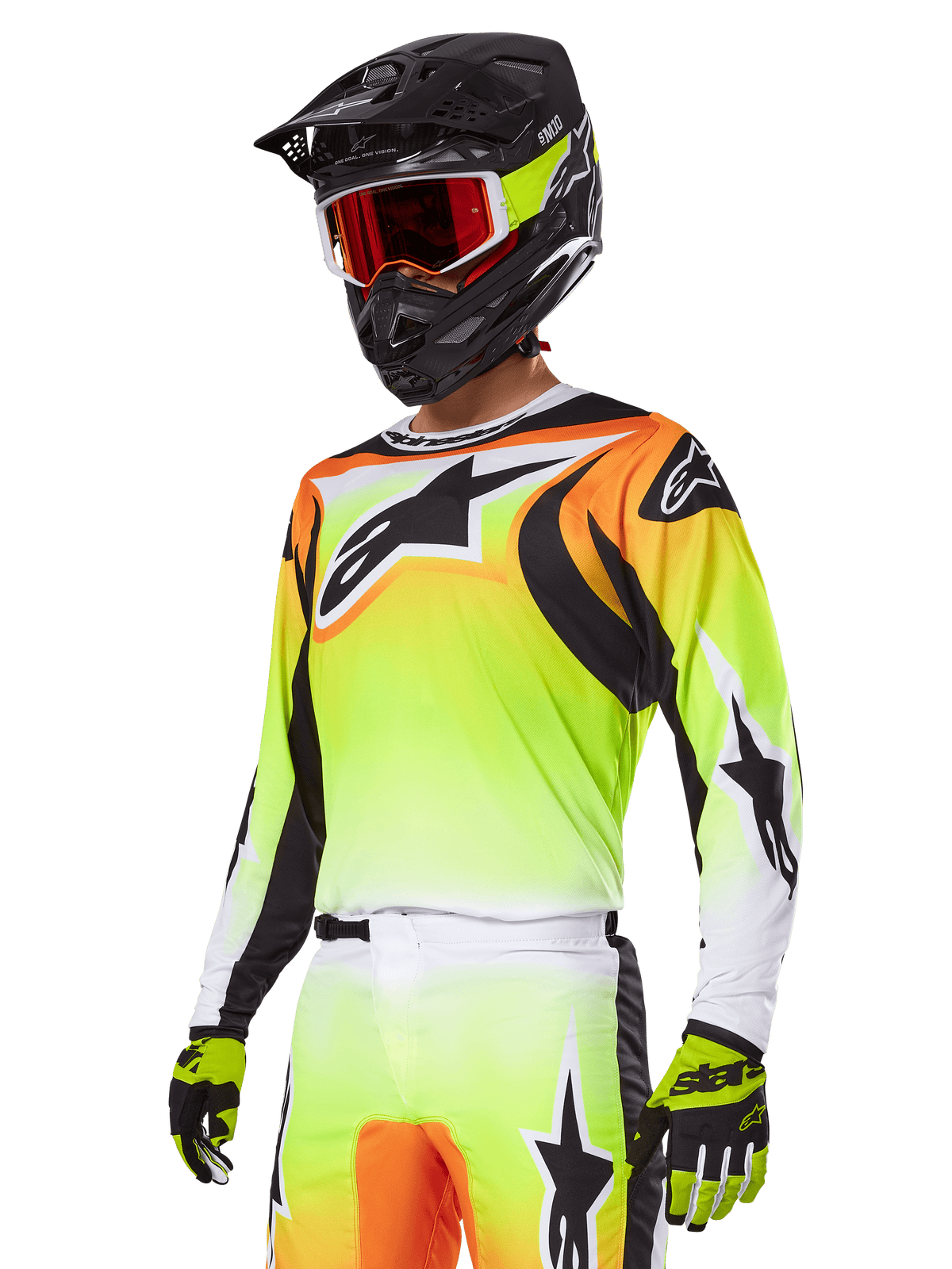 Alpinestars 2025 Fluid Wurx Gear Set, motocross-udstyr, gul og orange gradient jersey med sorte detaljer og store stjernelogoer, matchende motocrossbukser, sort full-face hjelm med røde goggles og gule handsker, koordineret højtydende outfit til off-road kørsel