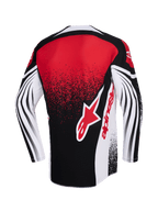Alpinestars 2026 Techstar Nomur trøje, motocrosstrøje, sort, hvid og rød, set bagfra med et stort rødt Alpinestars-logo, nistret gradienteffekt og dynamiske buede mønstre på de lange ærmer, performance-racerudstyr