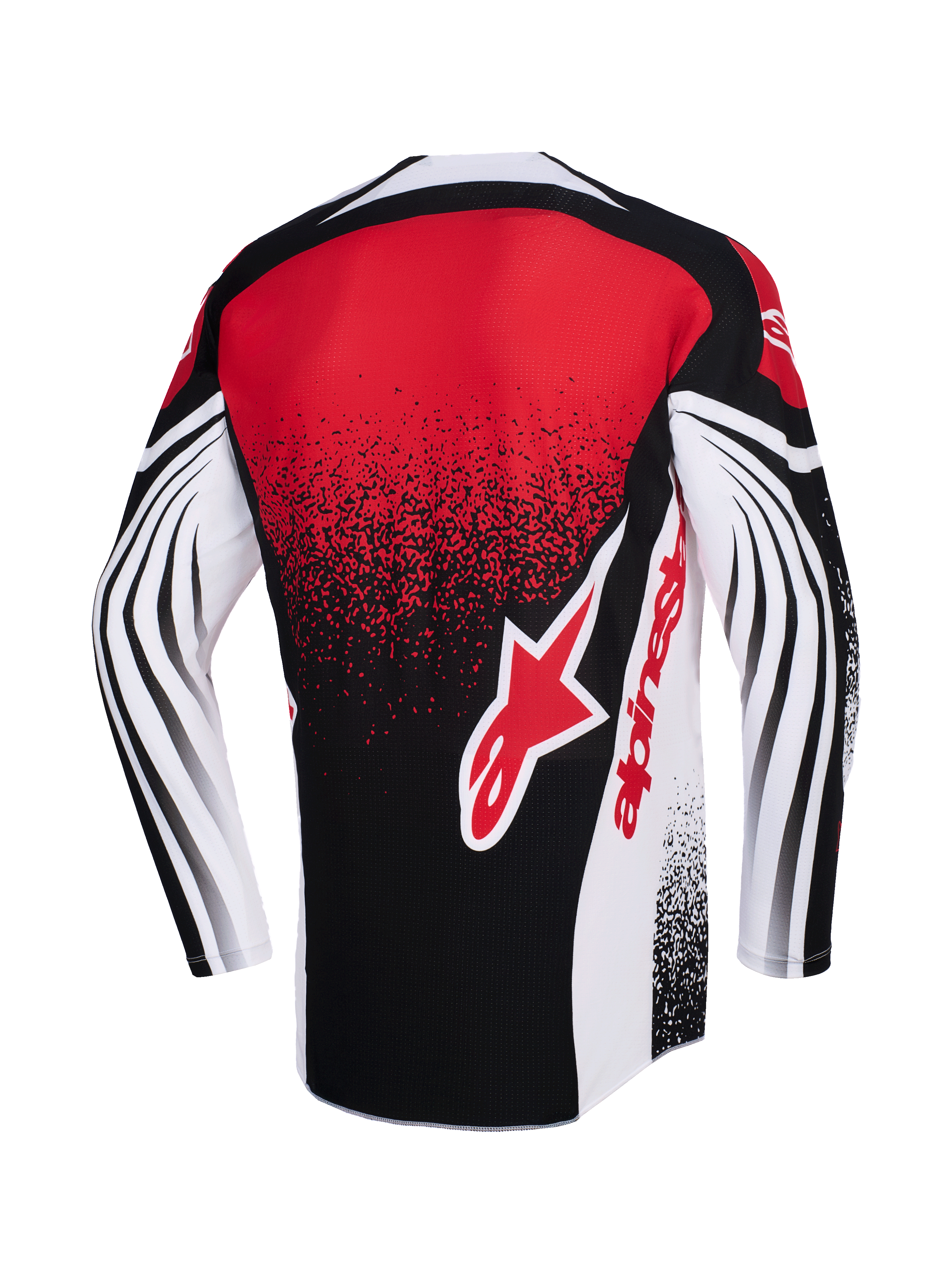 Alpinestars 2026 Techstar Nomur trøje, motocrosstrøje, sort, hvid og rød, set bagfra med et stort rødt Alpinestars-logo, nistret gradienteffekt og dynamiske buede mønstre på de lange ærmer, performance-racerudstyr
